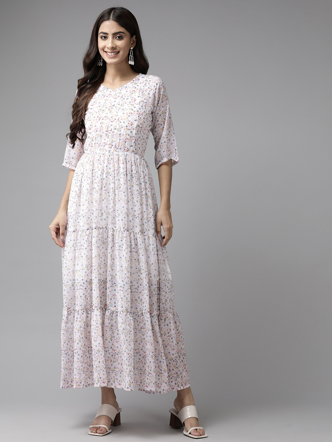 

Aarika White Floral Print Georgette Fit & Flare Maxi Dress