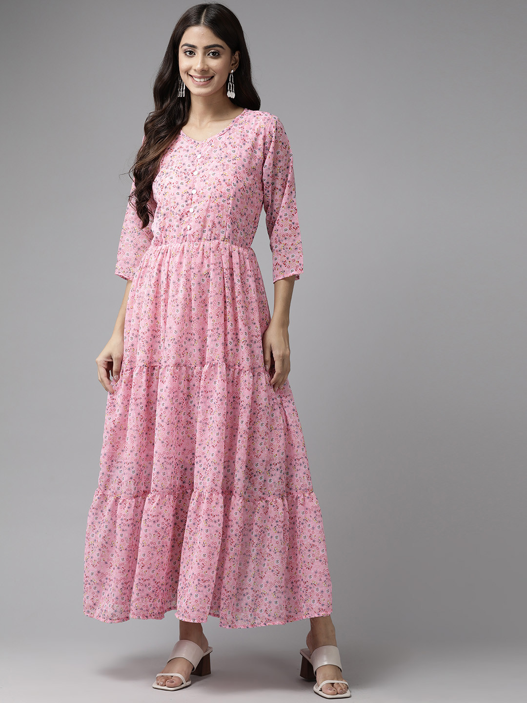 

Aarika Pink Floral Print Georgette Fit & Flare Maxi Dress