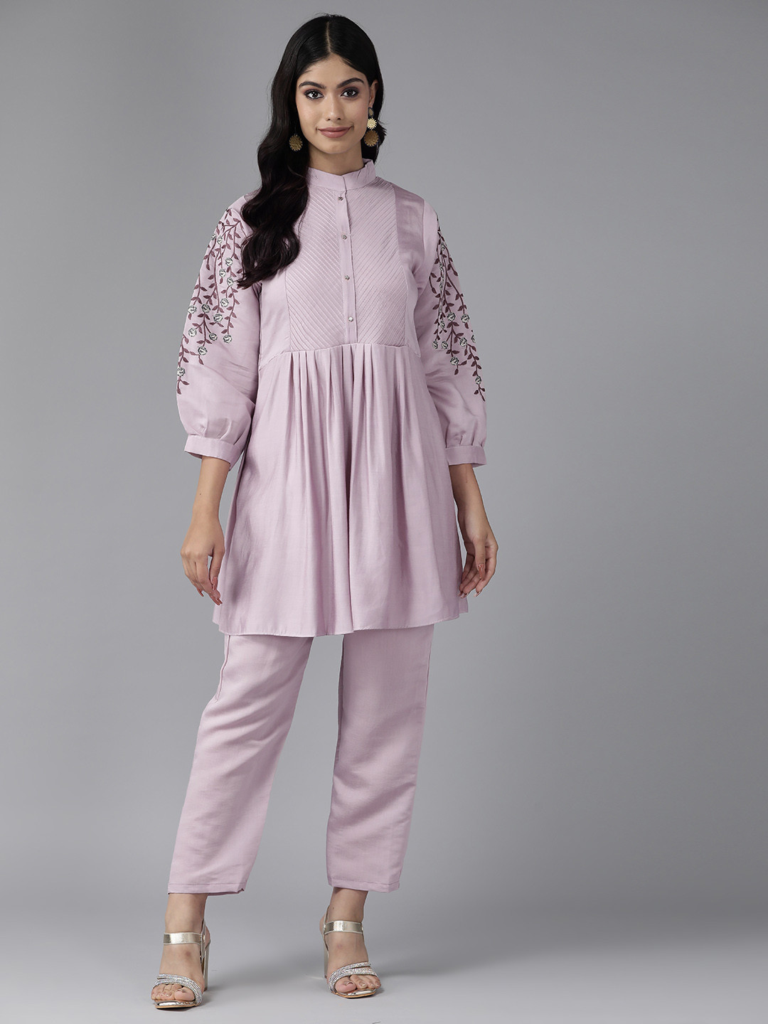 

Aarika Women Purple Pleated Pure Cotton Kurta with Trousers