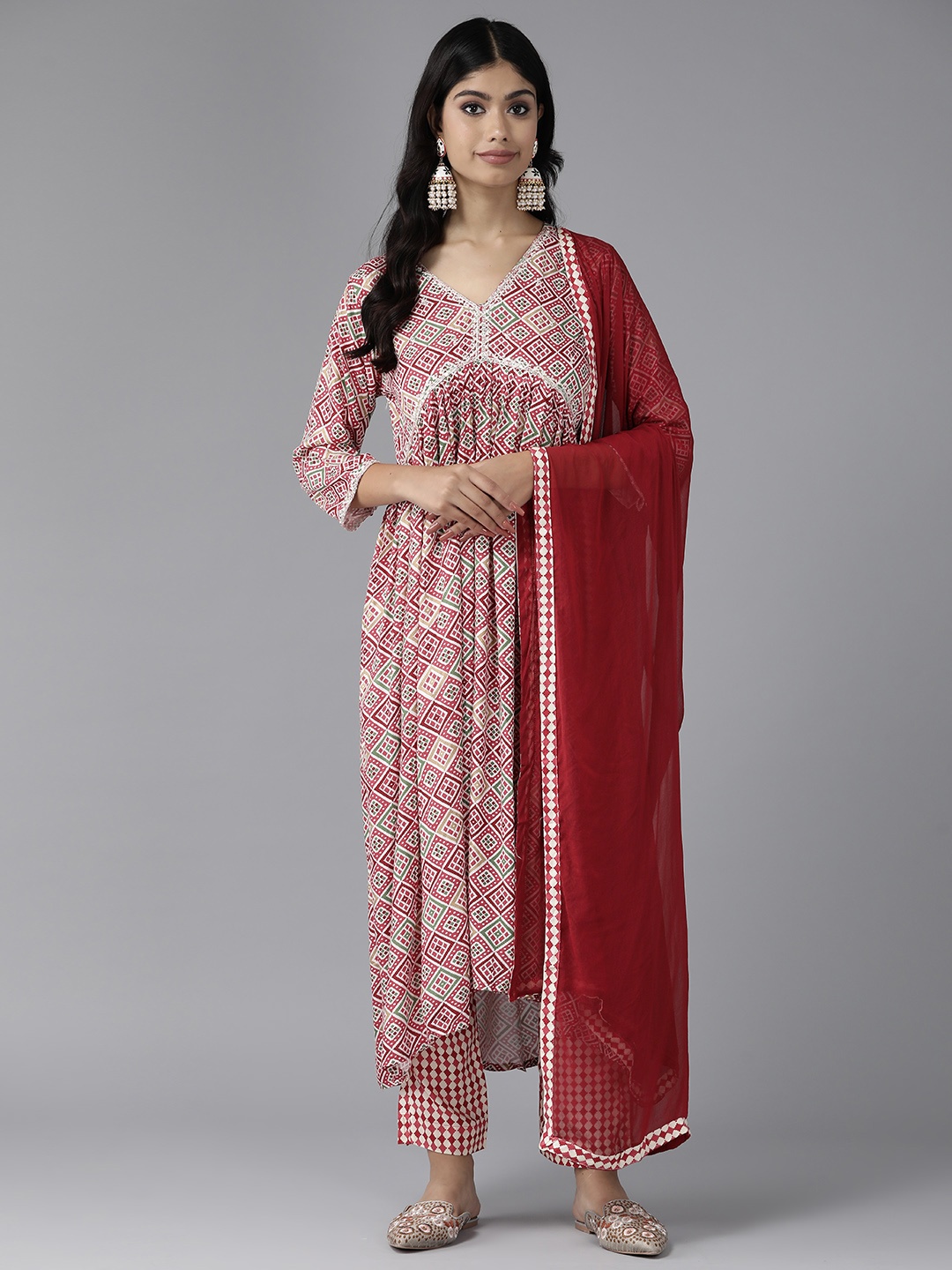 

Aarika Women Maroon Printed Empire Pure Cotton Kurta with Trousers & With Dupatta