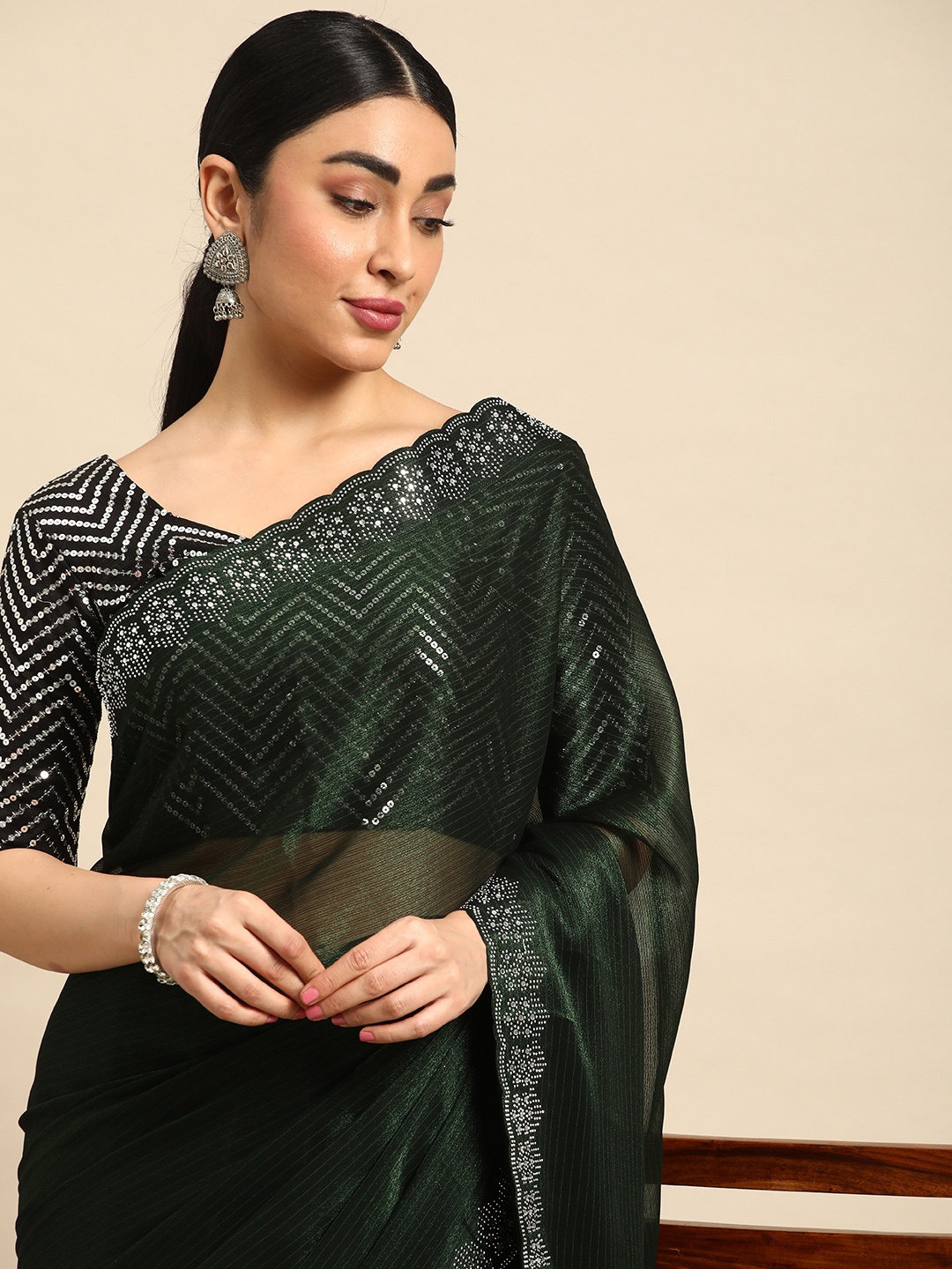 

Mitera Solid Stones-Studded Organza Saree, Green