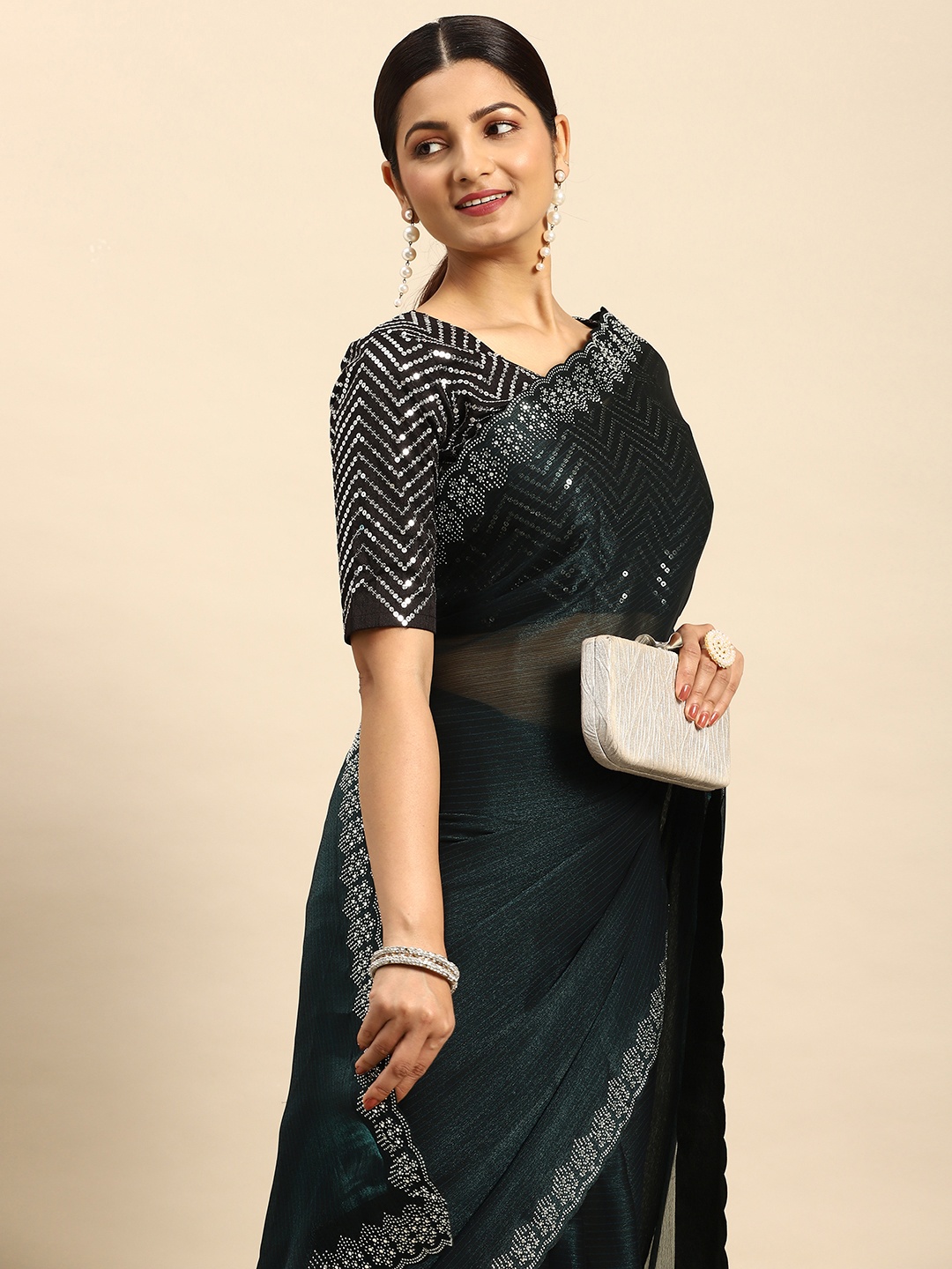 

Mitera Solid Stones-Studded Organza Saree, Blue