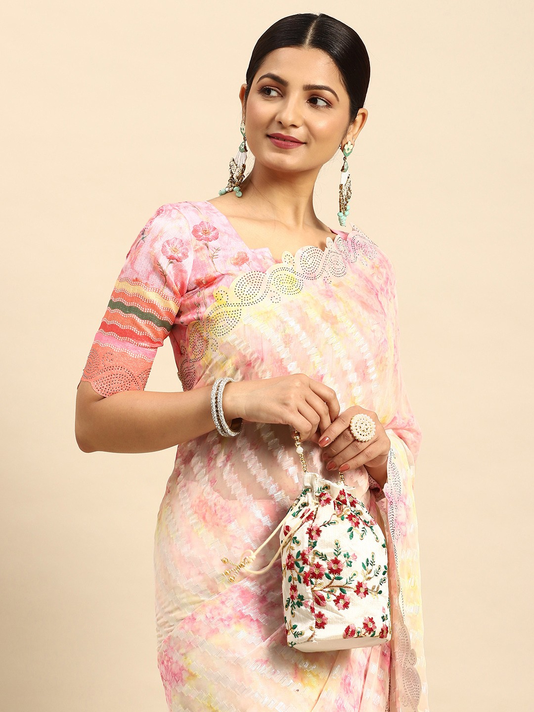 

Mitera Woven Design Stones-Studded Pure Chiffon Saree, Rose gold