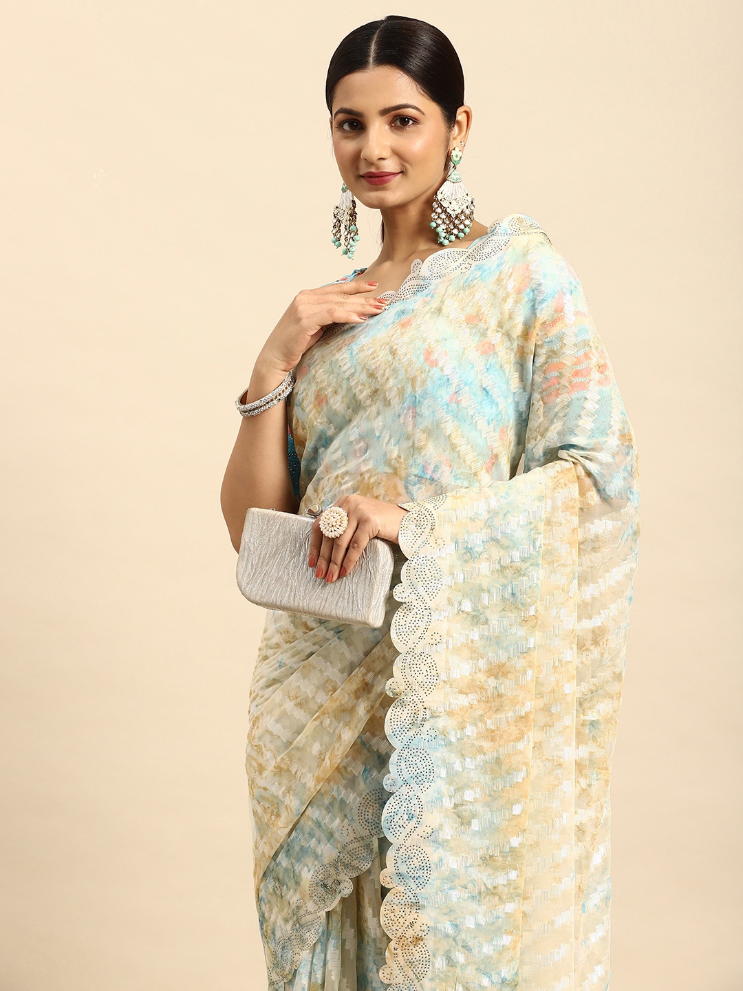 

Mitera Woven Design Stones-Studded Pure Chiffon Saree, Blue