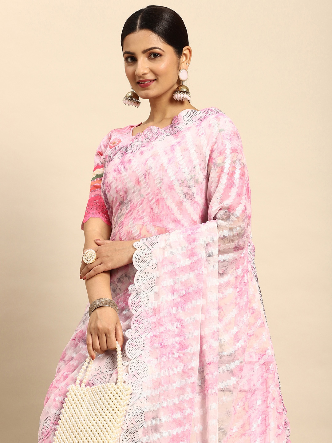 

Mitera Woven Design Stones-Studded Pure Chiffon Saree, Pink