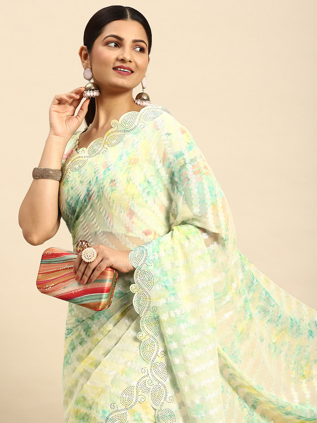 

Mitera Woven Design Stones-Studded Pure Chiffon Saree, Multi