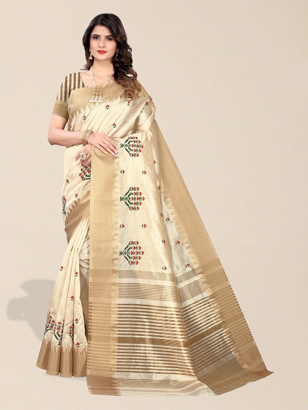 

Mitera Ethnic Motifs Embroidered Silk Cotton Banarasi Saree, Cream