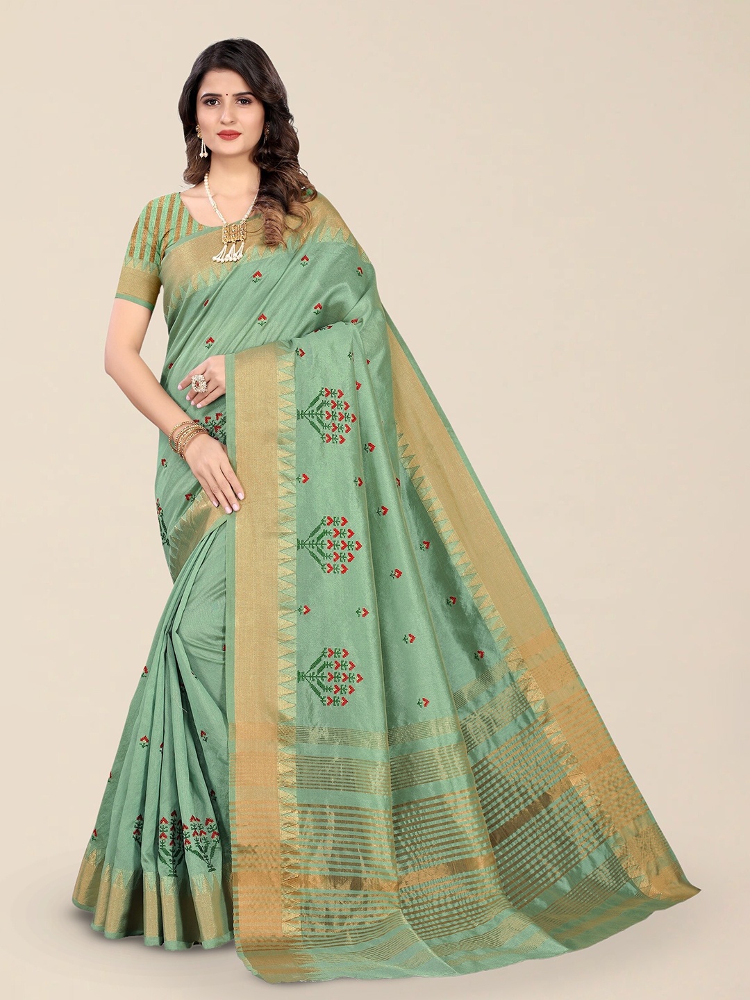 

Mitera Floral Embroidered Zari Silk Cotton Mysore Silk Saree, Green