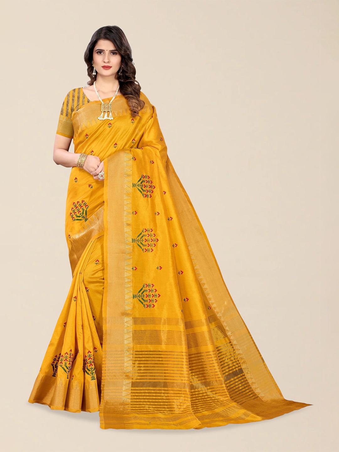 

Mitera Ethnic Motifs Embroidered Silk Cotton Banarasi Saree, Yellow