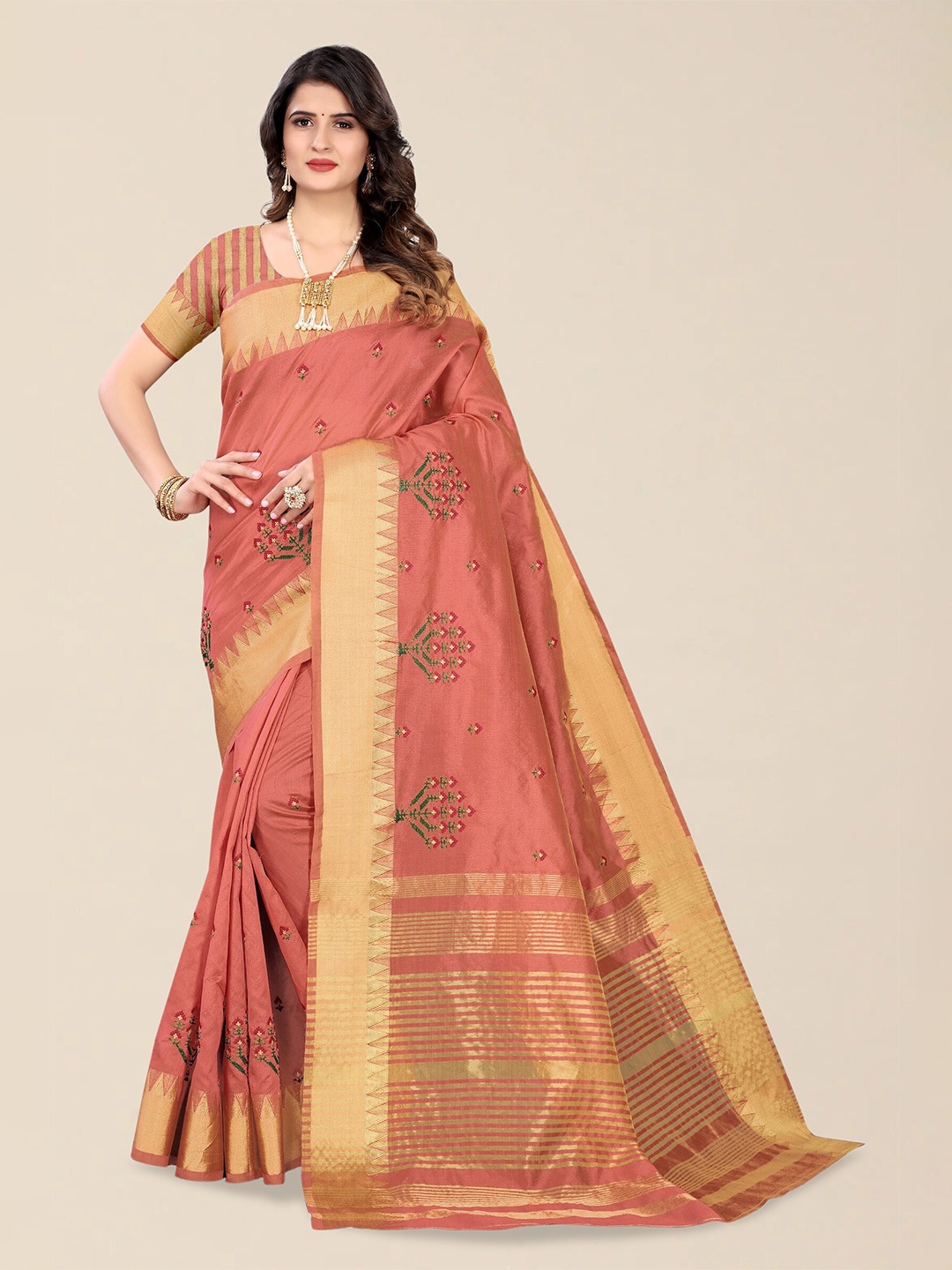 

Mitera Ethnic Motifs Embroidered Silk Cotton Banarasi Saree, Peach