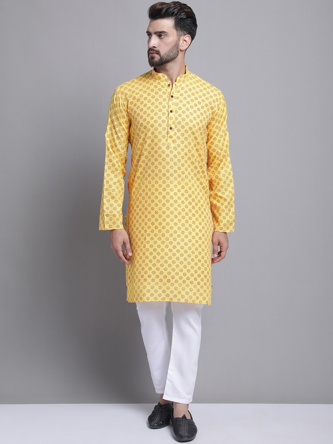 

Armaan Ethnic Ethnic Motifs Printed Mandarin Collar Kurta with Pyjamas, Yellow