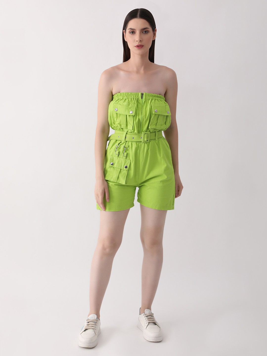 

DKGF FASHION Off-Shoulder Waist Tie-Ups Cotton Playsuit, Green