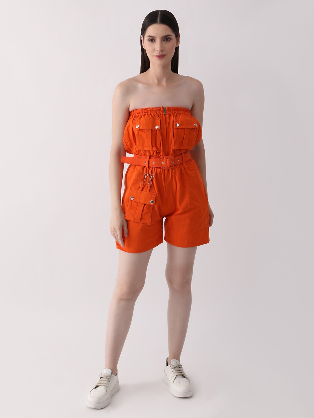 

DKGF FASHION Off-Shoulder Waist Tie-Ups Cotton Playsuit, Orange
