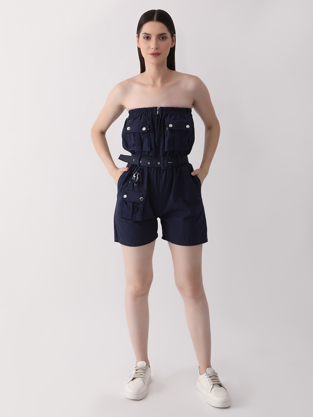 

DKGF FASHION Off-Shoulder Waist Tie-Ups Cotton Playsuit, Blue