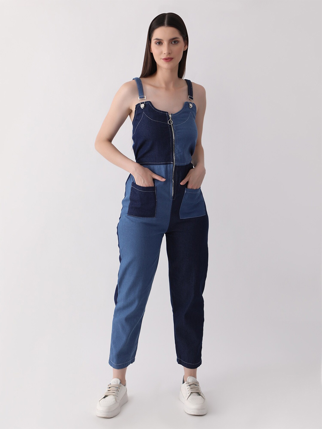 

DKGF FASHION Shoulder Straps Colourblocked Playsuit, Blue