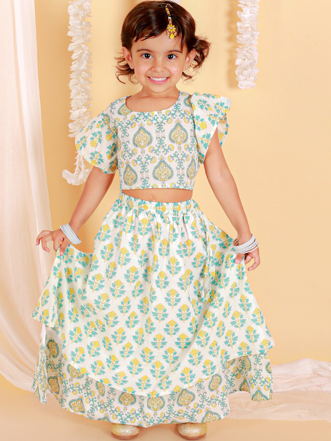 

The Mom Store Girls Round Neck Flared Sleeve Paisley Pure Cotton Lehenga Choli, Multi