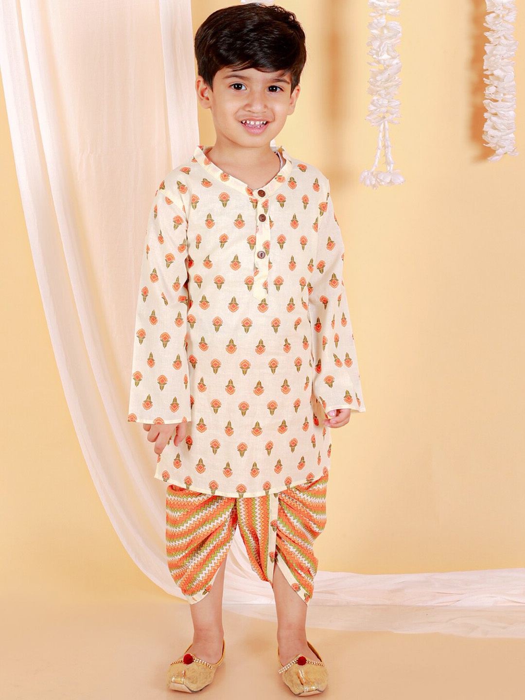 

The Mom Store Boys Band Collar Floral Printed Regular Pure Cotton Kurta With Dhoti, Cream