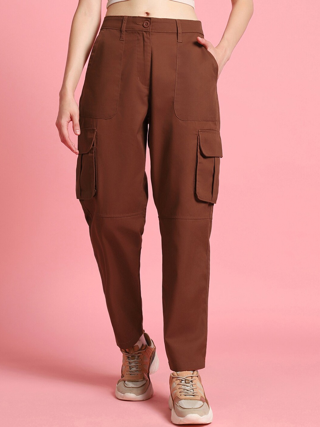 

Bewakoof Women Brown Straight Fit Pure Cotton Cargos