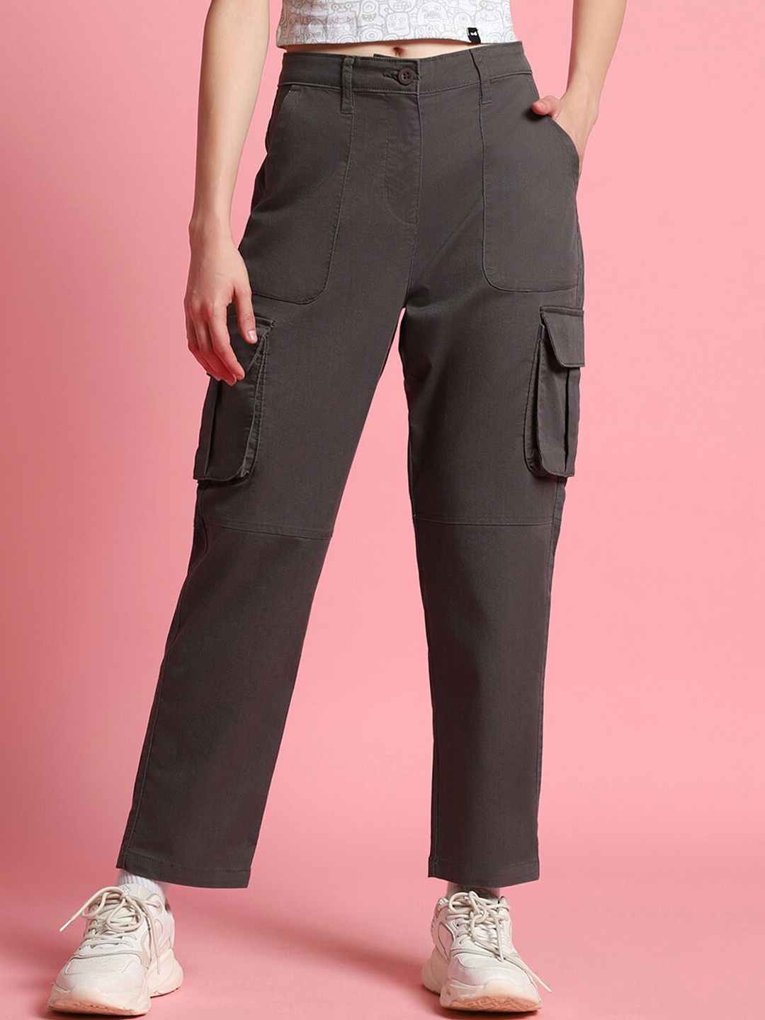 

Bewakoof Women Grey Straight Fit Pure Cotton Cargos