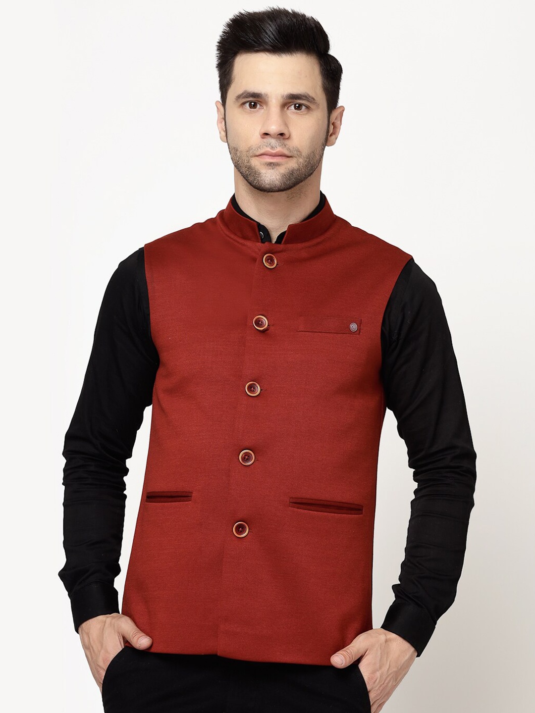 

Spykee Mandarin Collar Slim-Fit Nehru Jacket, Rust