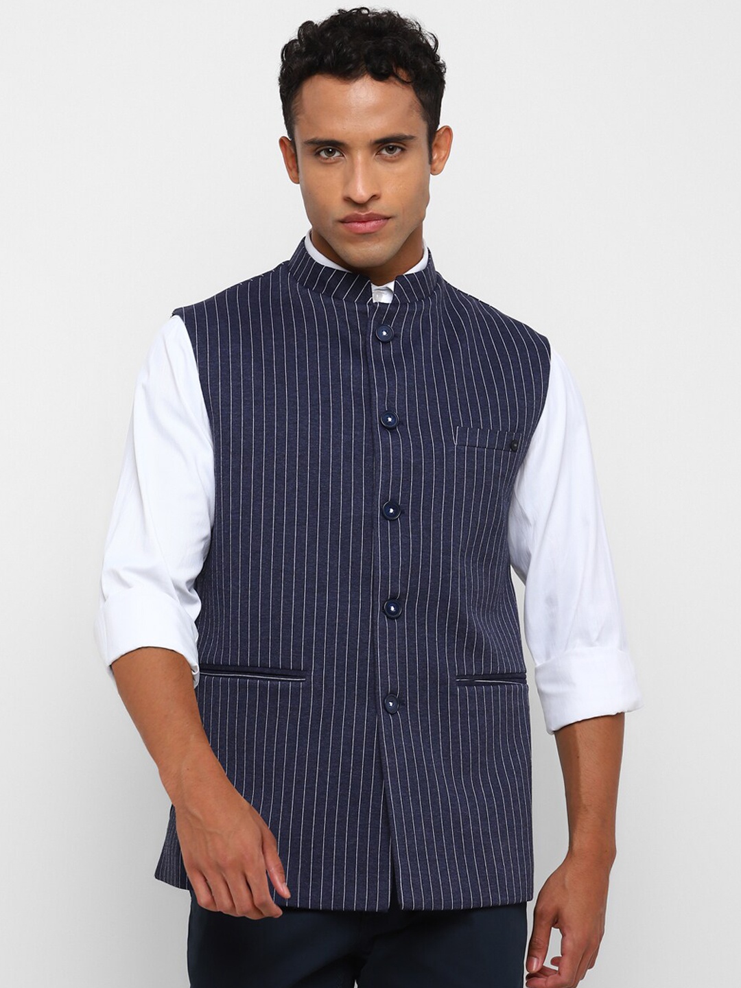 

Spykee Striped Mandarin Collar Nehru Jacket, Navy blue