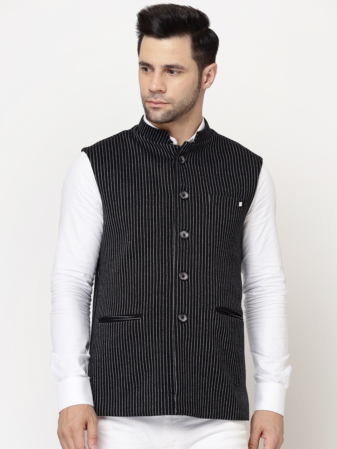 

Skypee Striped Corduroy Weave Nehru Jacket, Black