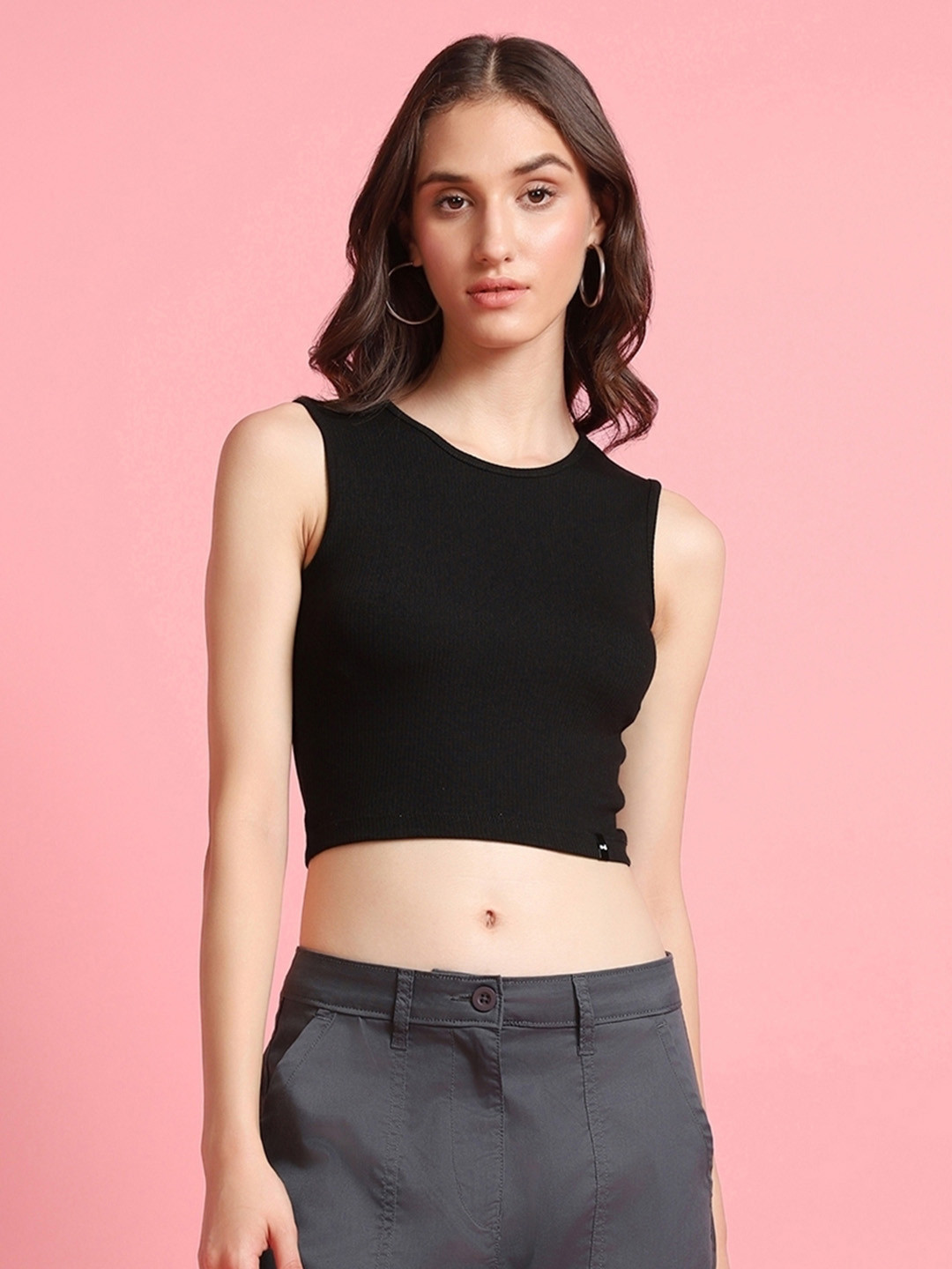 

Bewakoof Black Round Neck Sleeveless Cotton Fitted Crop Top