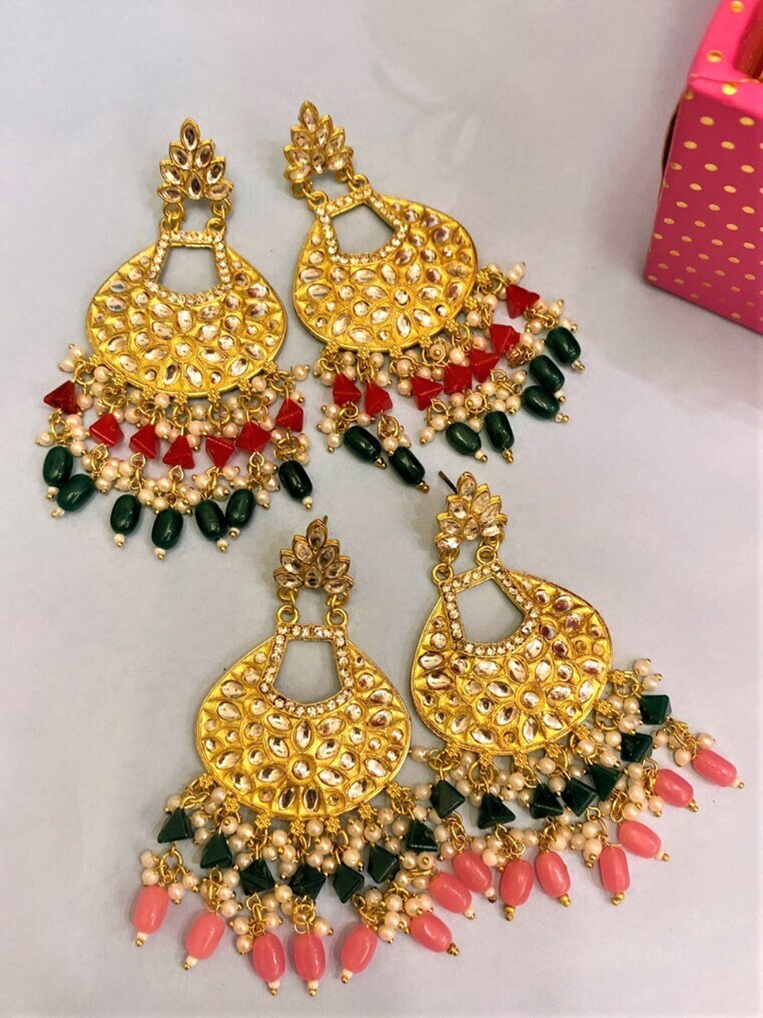 

ATIBELLE Set of 2 Gold Plated & Kundan Studded Comtemporary Chandbalis