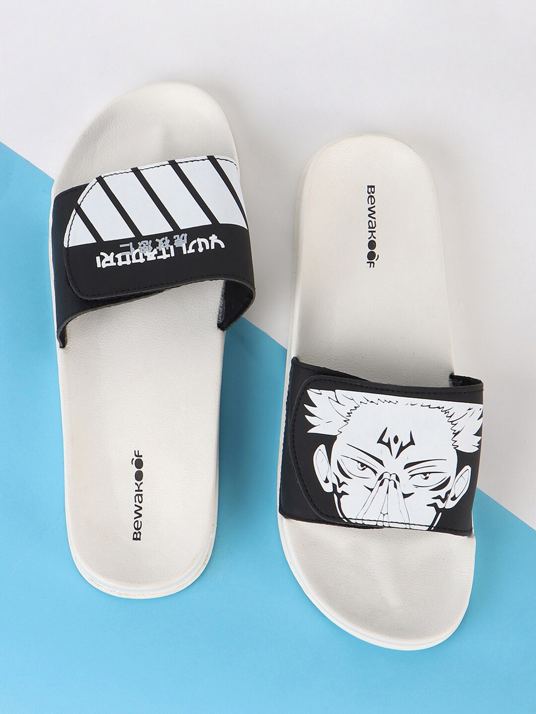 

Bewakoof Men White & Black Yuji Itadori Printed Velcro Rubber Sliders
