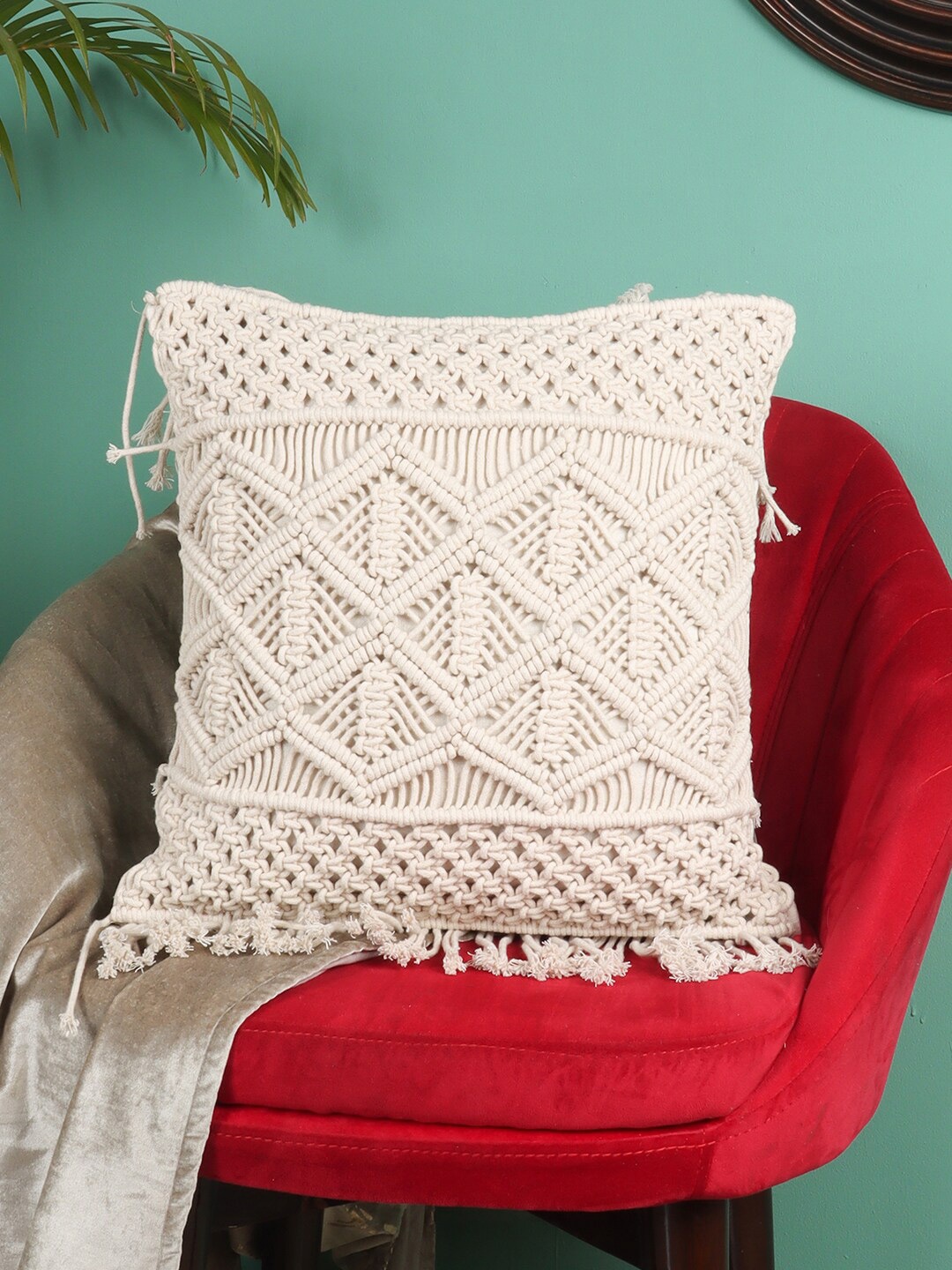 

Kaahira Off White Cotton Macrame Square Cushion Cover