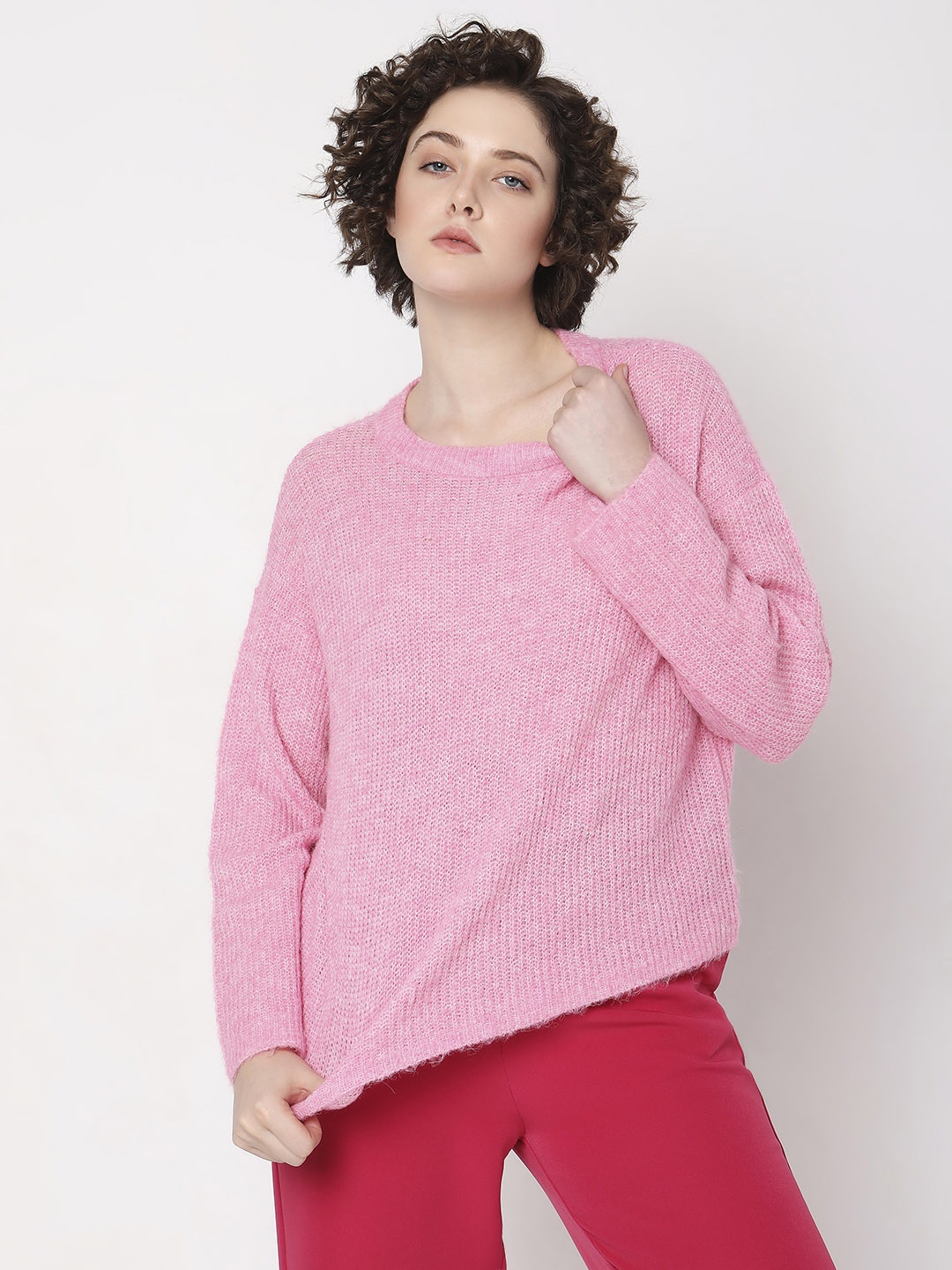 

Vero Moda Self Design Round Neck Pullover, Pink