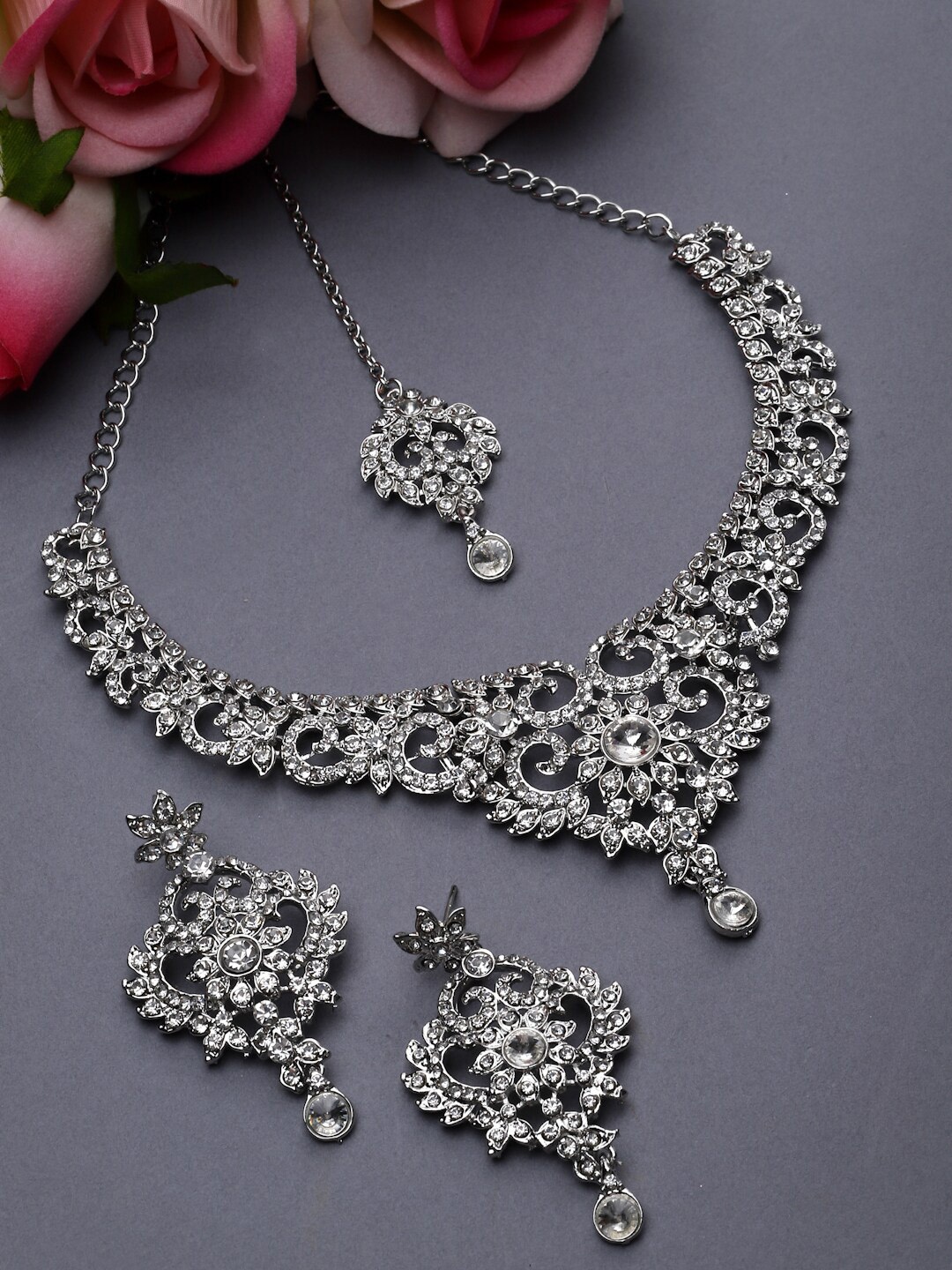 

Sukkhi Rhodium-Plated AD-Studded Choker Necklace Jewellery Set, Silver