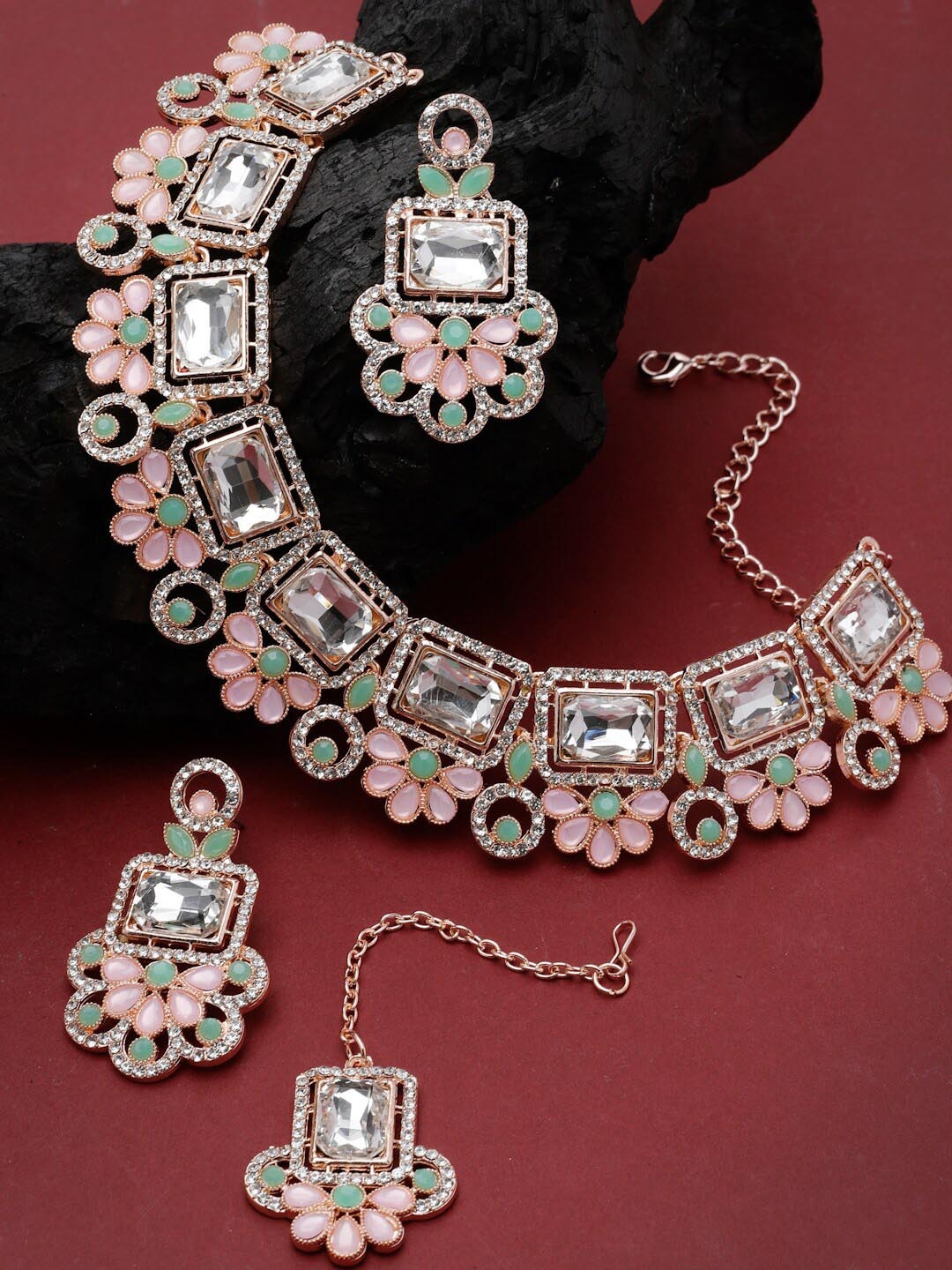 

Sukkhi Rose-Gold Plated AD Stone-Studded Necklace Jewellery Set, Pink