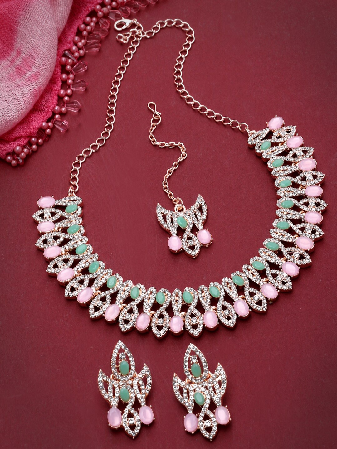 

Sukkhi Rose Gold-Plated AD-Studded Necklace Jewellery Set, Pink