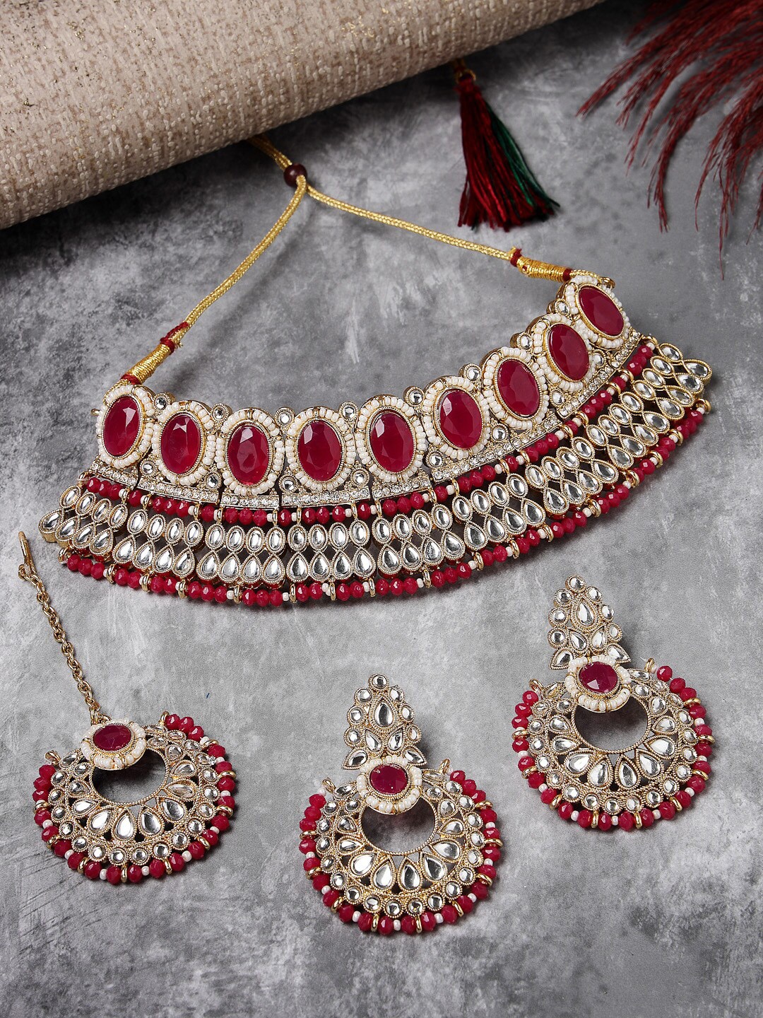 

Sukkhi Gold-Plated Kundan Studded & Beaded Choker Necklace Jewellery Set, Magenta