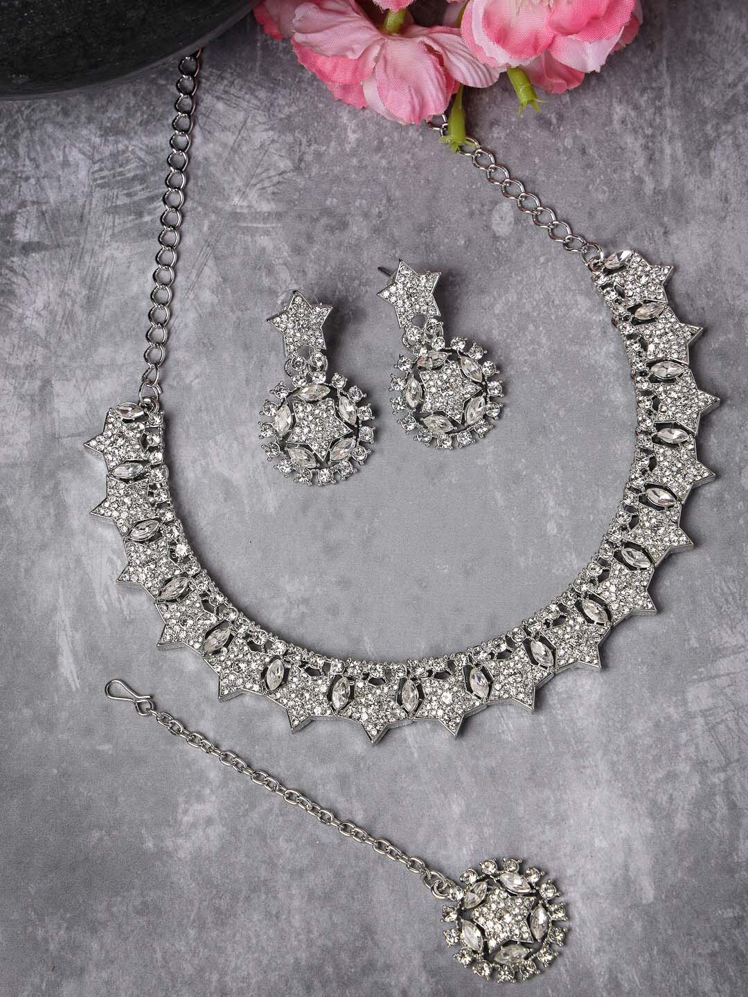 

Sukkhi Rhodium-Plated Stone-Studded Jewellery Set, Silver