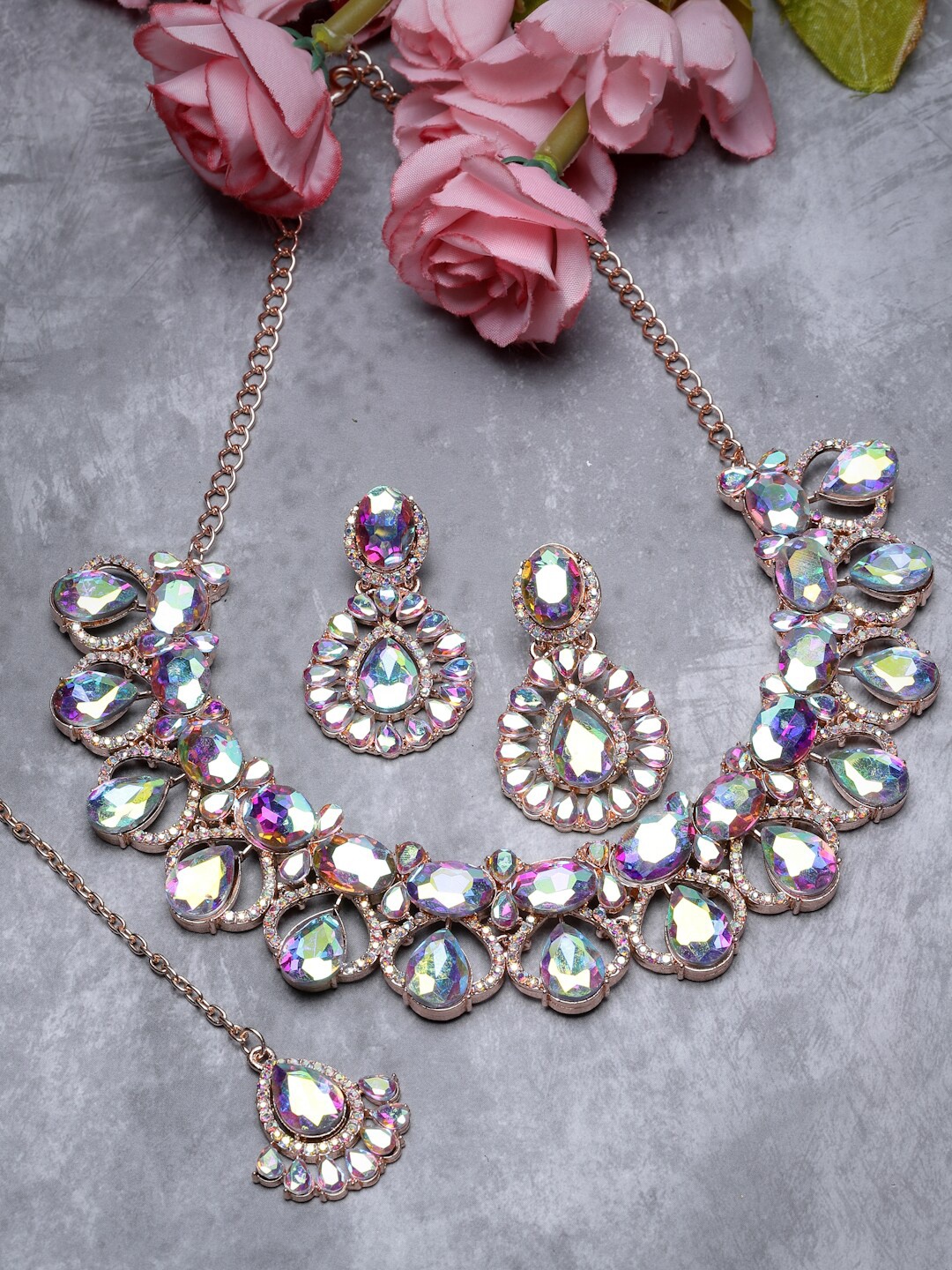 

Sukkhi Rose Gold-Plated Stone-Studded Jewellery Set With Maangtikka