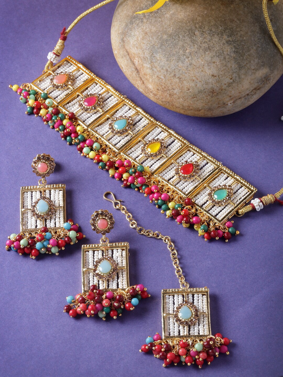 

Sukkhi Gold-Plated Stone-Studded & Beaded Choker Set