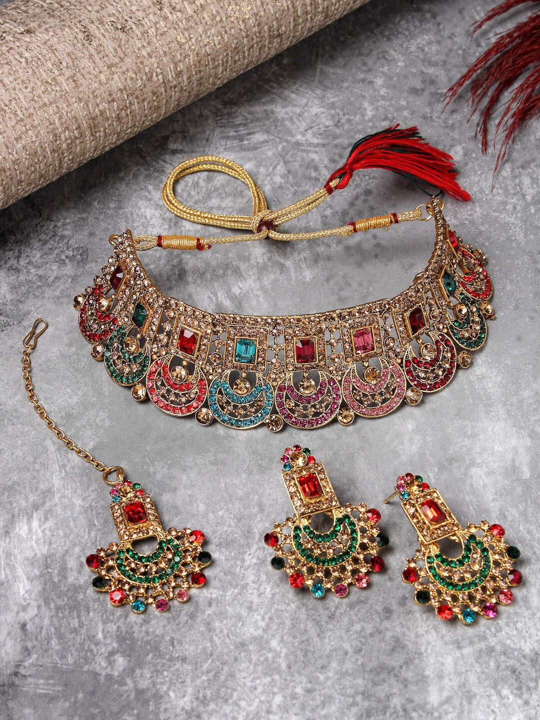 

Sukkhi Gold-Plated AD Studded & Beaded Jewellery Set