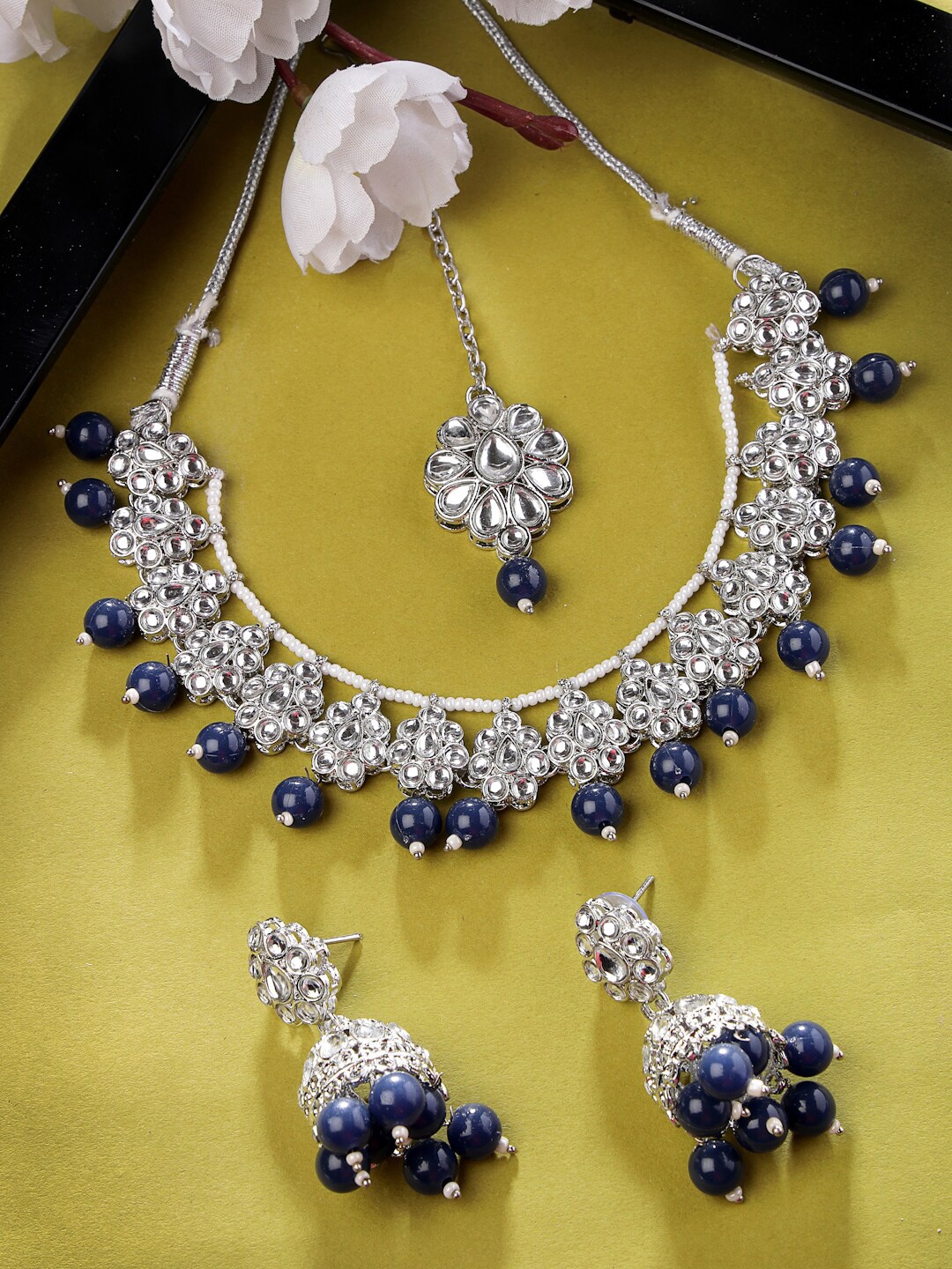 

Sukkhi Rhodium-Plated AD-Studded & Beaded Jewellery Set, Silver