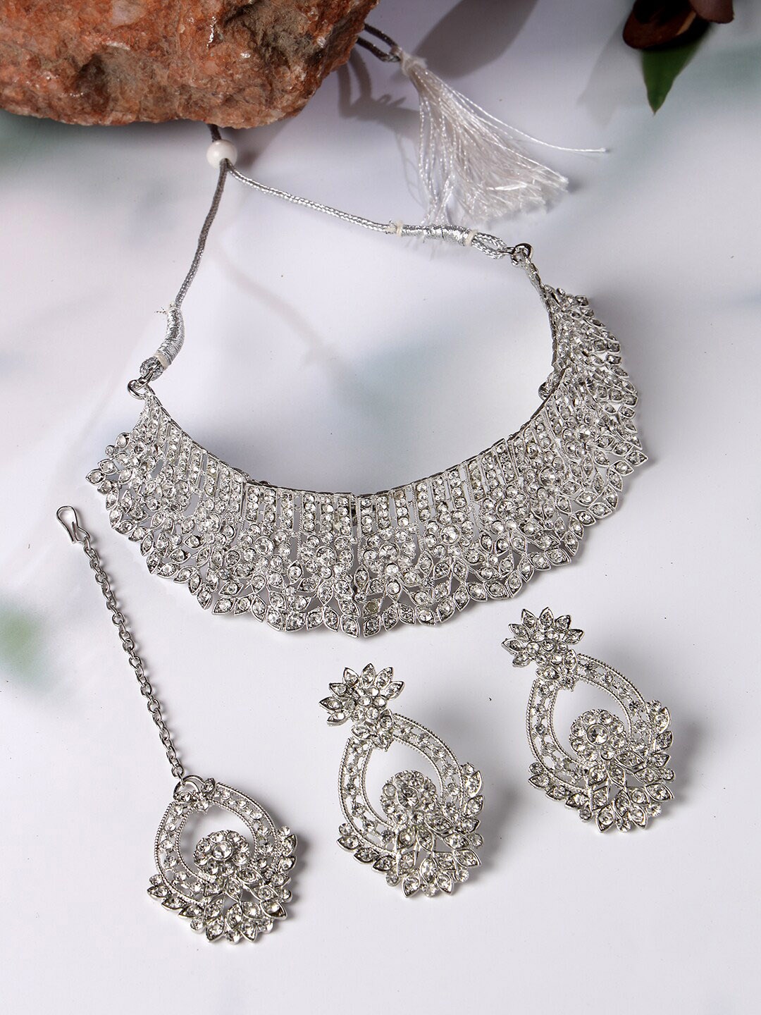 

Sukkhi Rhodium-Plated AD-Studded & Beaded Jewellery Set, Silver