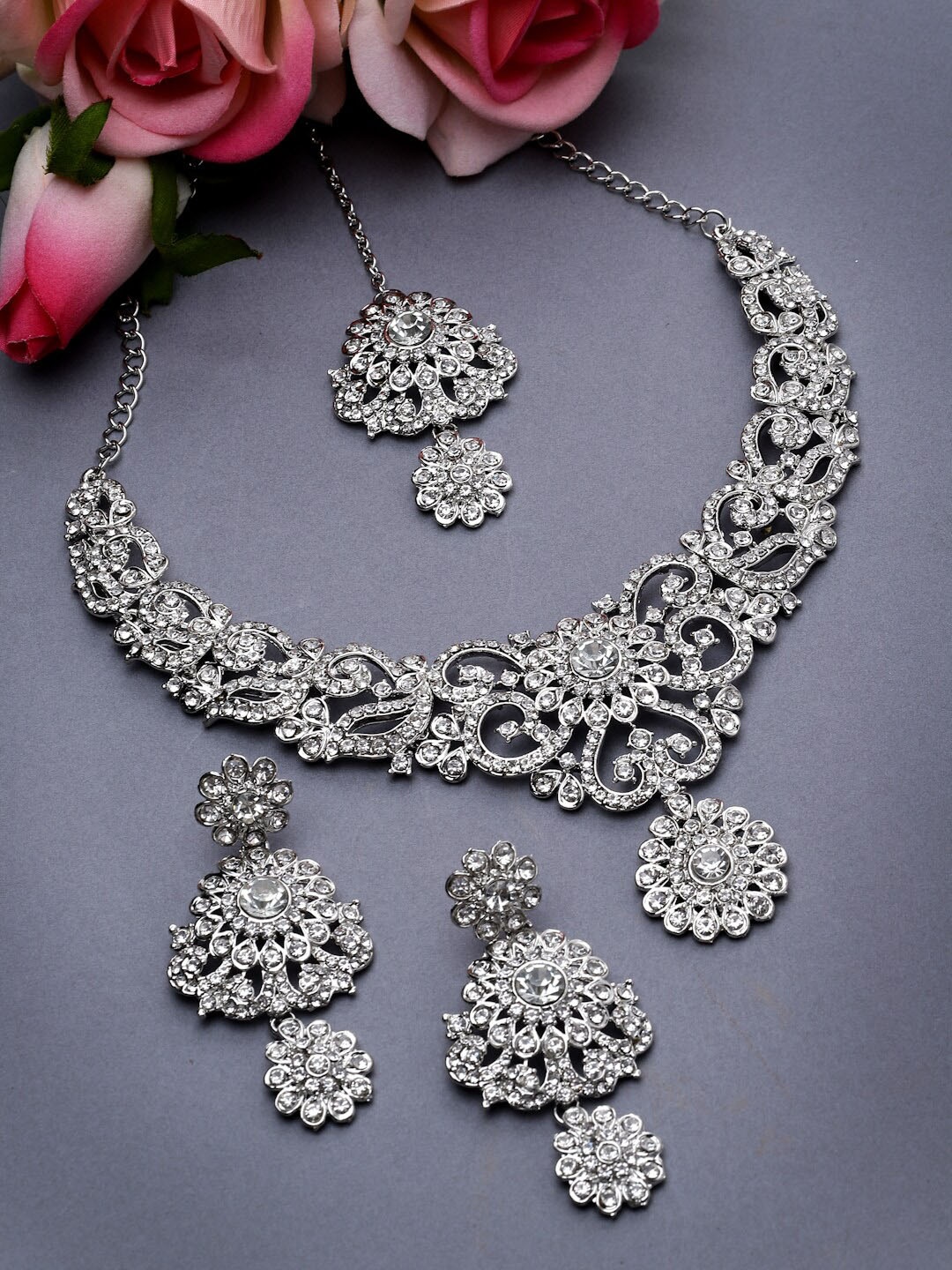 

Sukkhi Rhodium-Plated AD-Studded Jewellery Set With Maangtikka, Silver