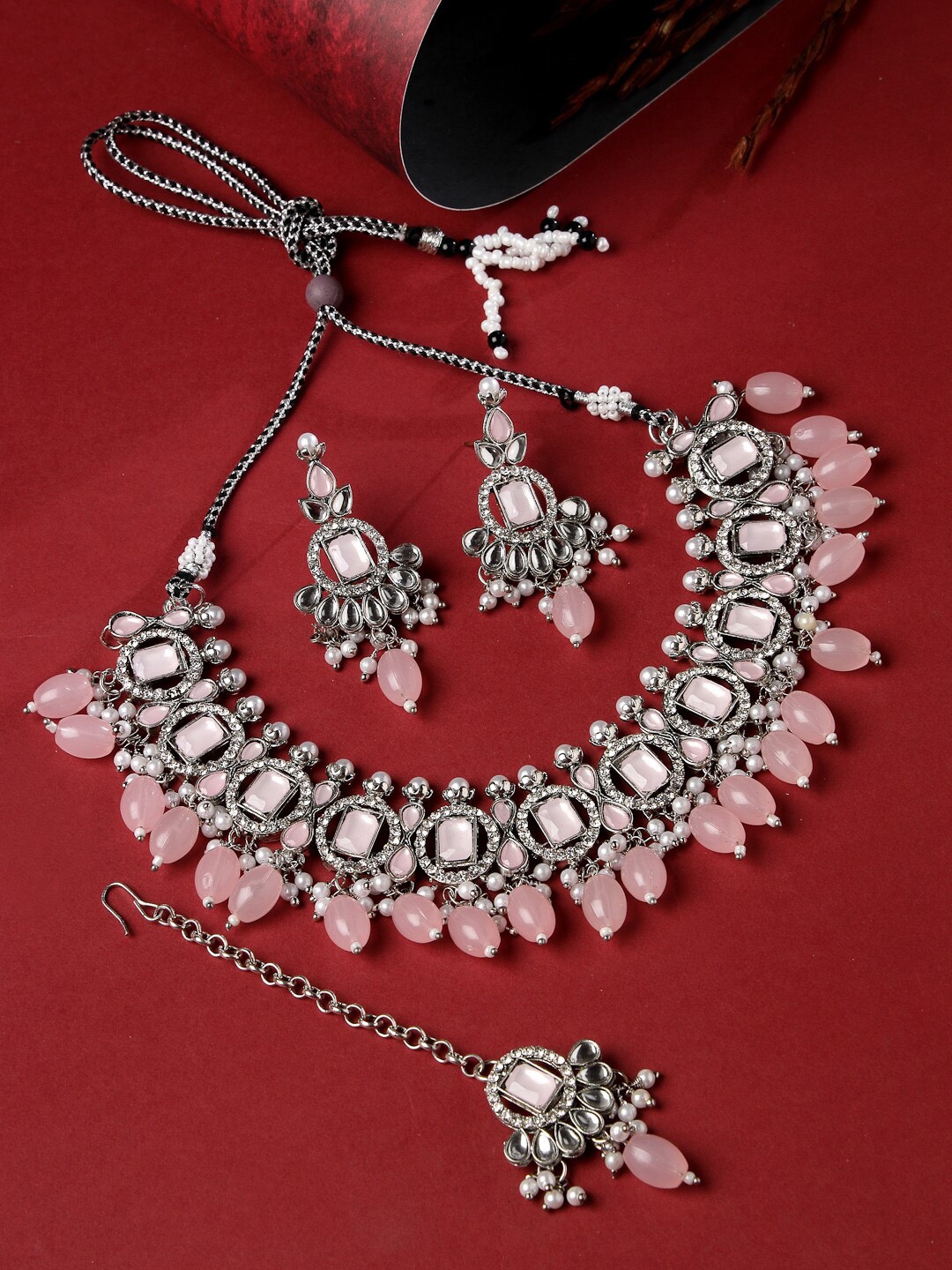 

Sukkhi Rhodium Plated & AD Studded Jewellery Set, Pink