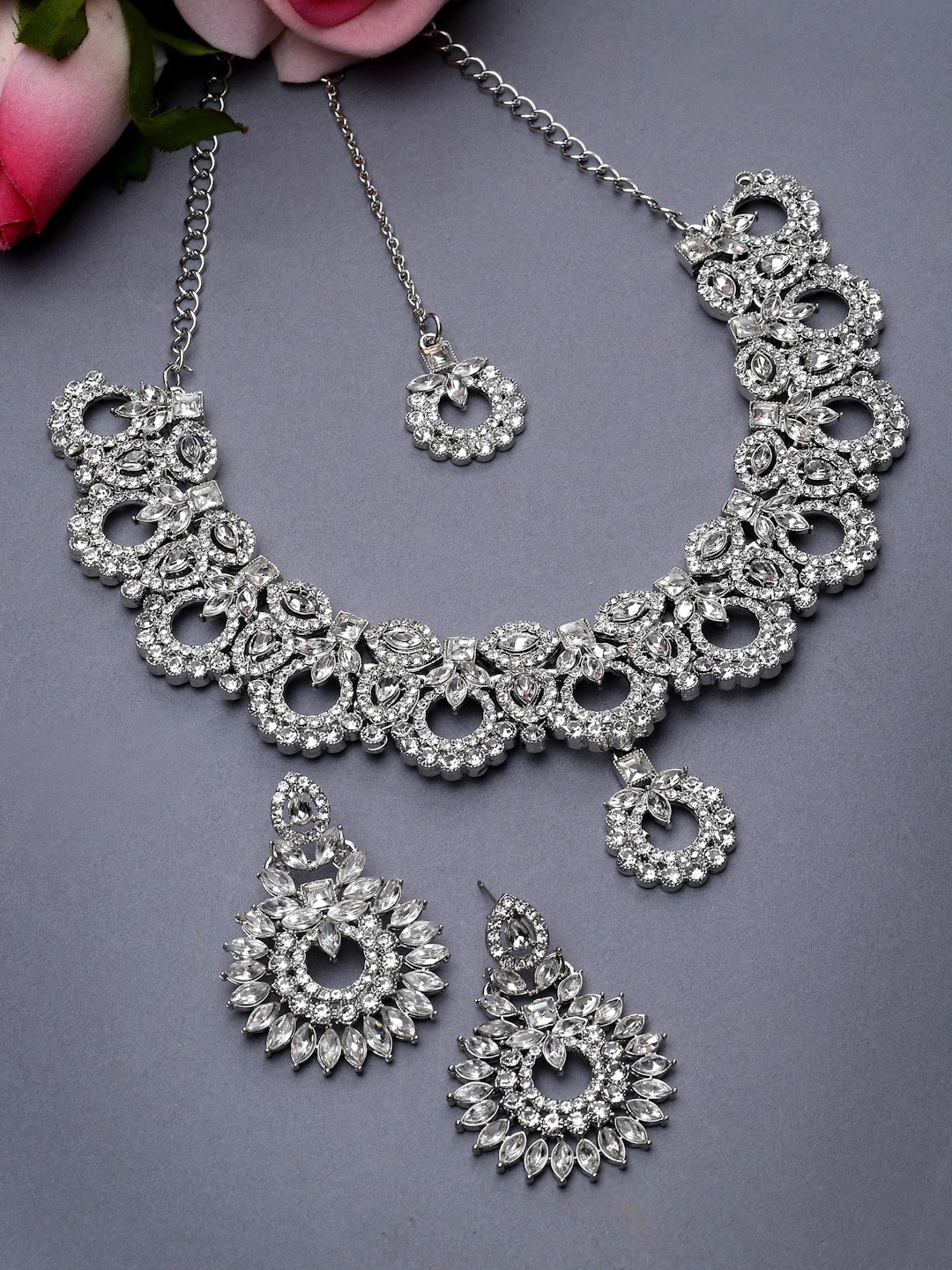 

Sukkhi Rhodium Plated & AD Studded Jewellery Set, Silver