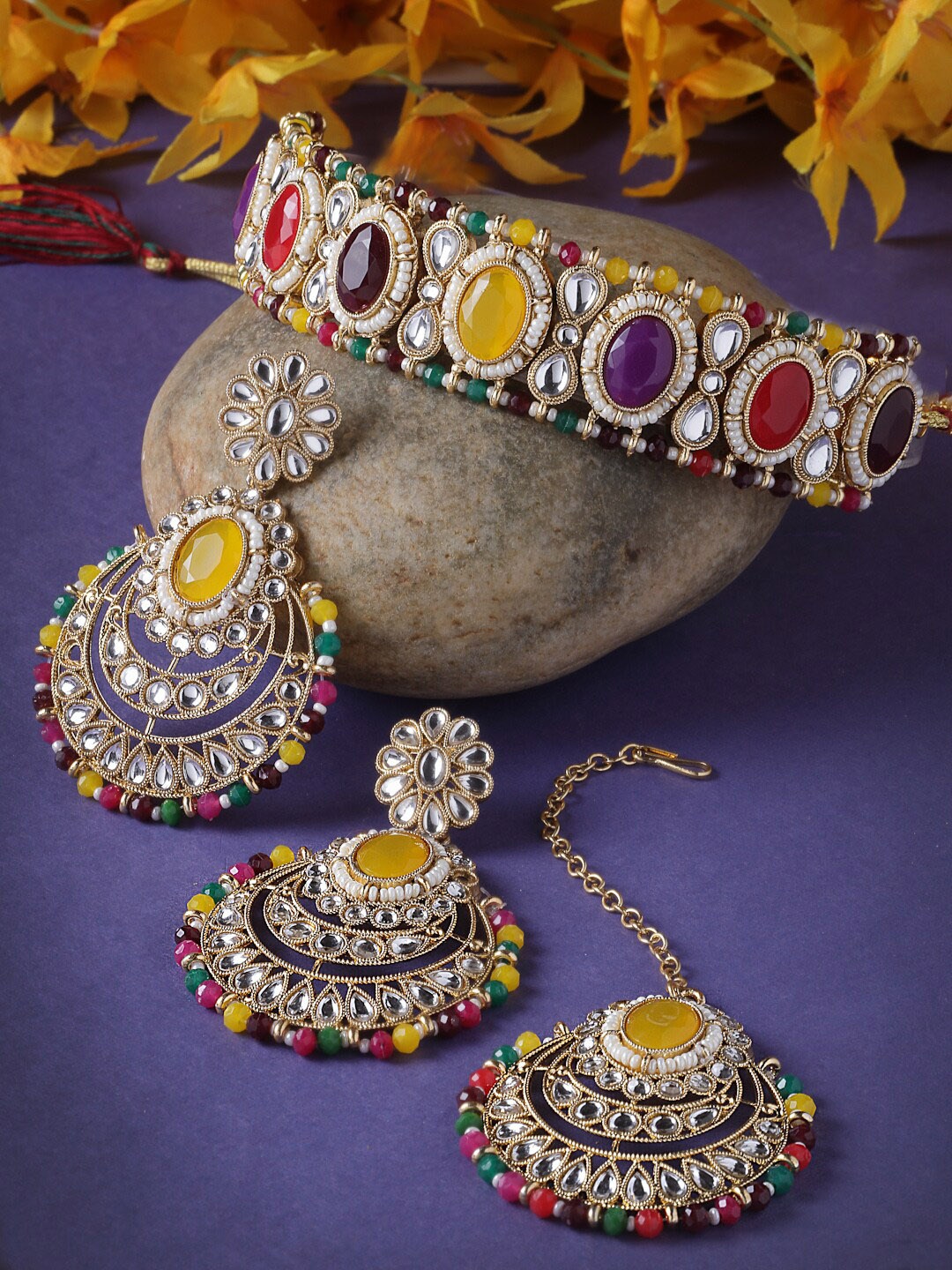

Sukkhi Gold-Plated Stone-Studded & Beaded Necklace With Earrings And Maang Tika