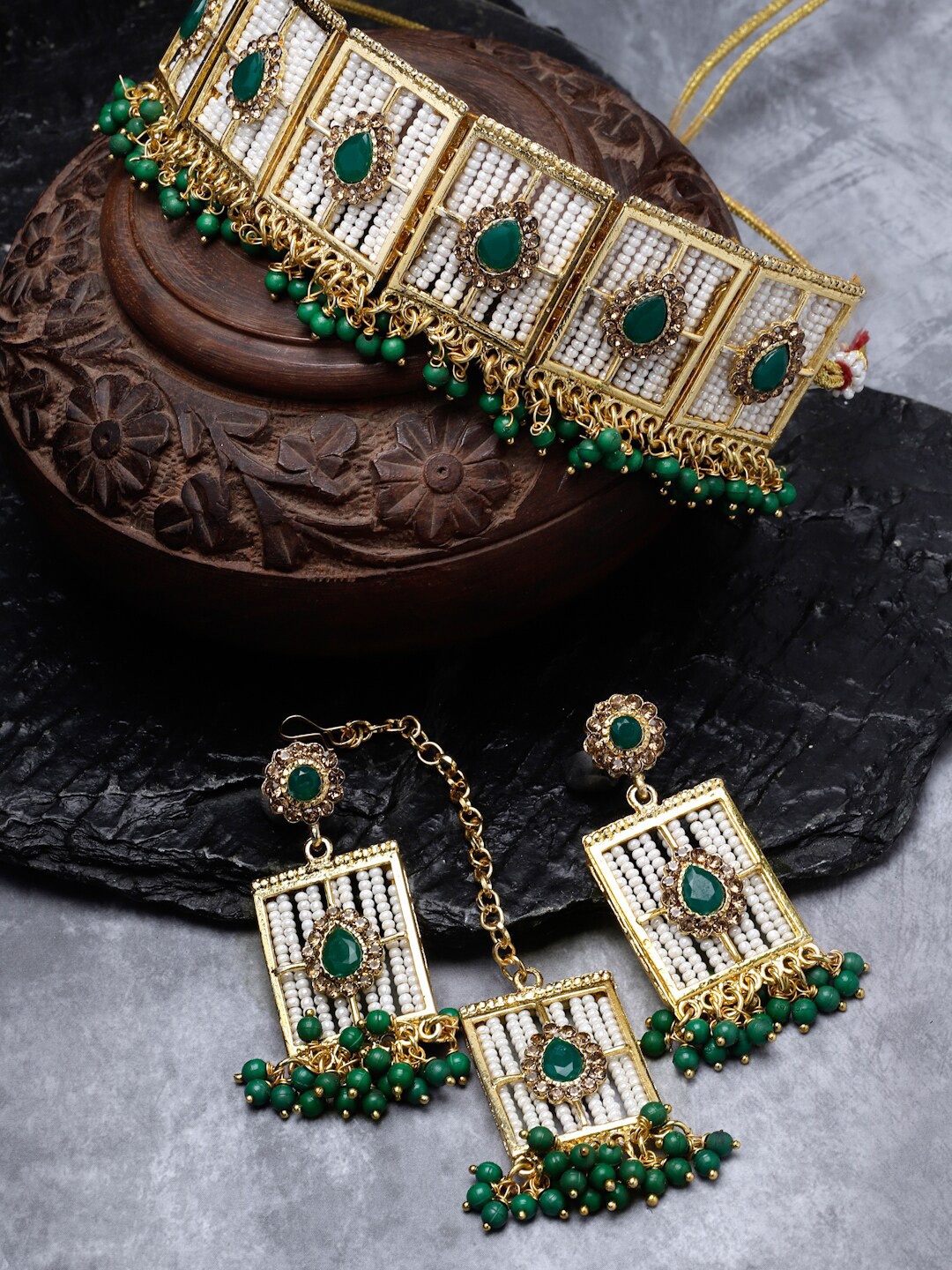 

Sukkhi Gold-Plated Beads & Stone-Studded & Beaded Necklace With Earrings And Maang Tika