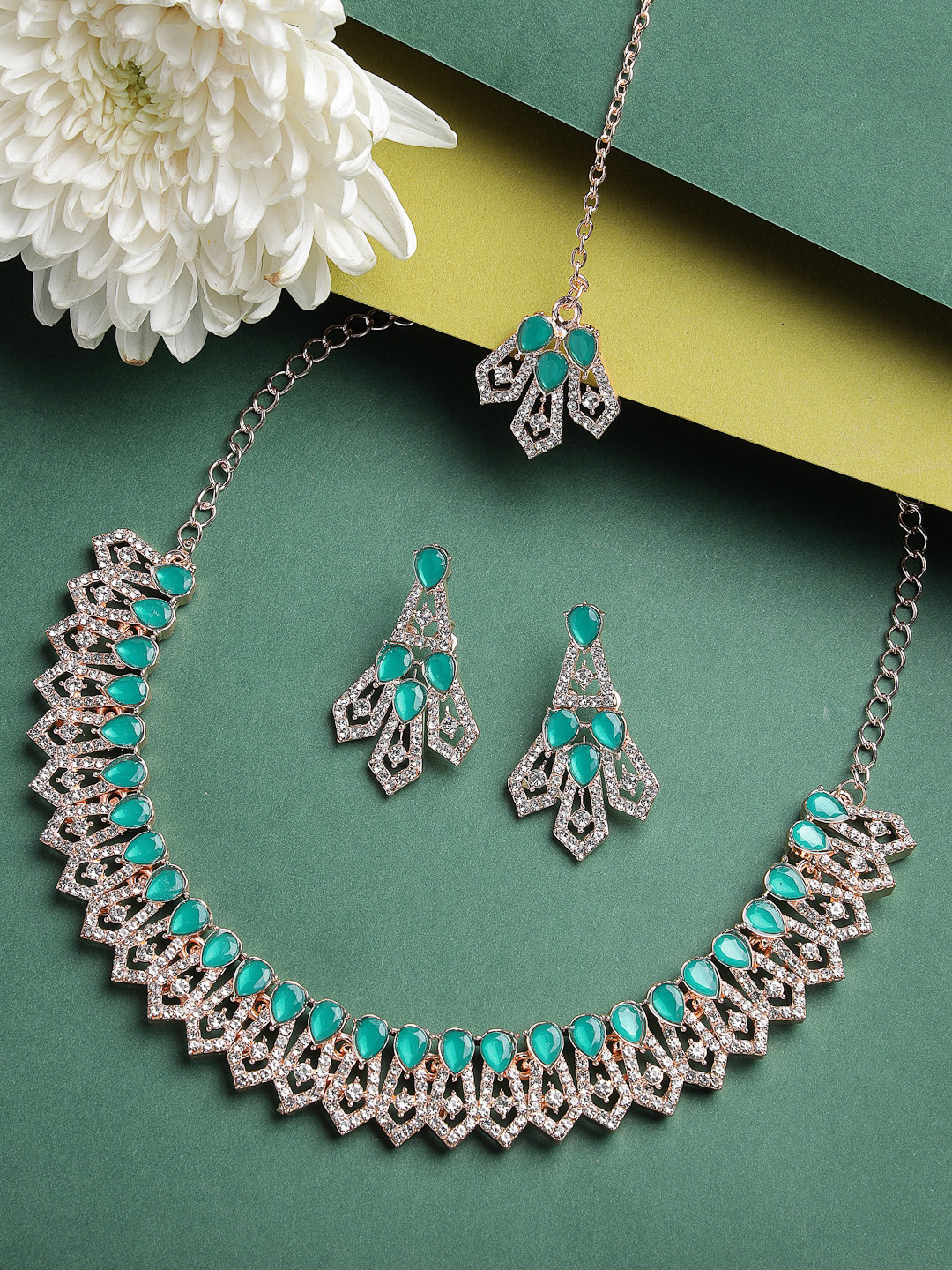 

Sukkhi Gold-Plated American Diamond-Studded & Beaded Necklace With Earrings And Maang Tika, Green