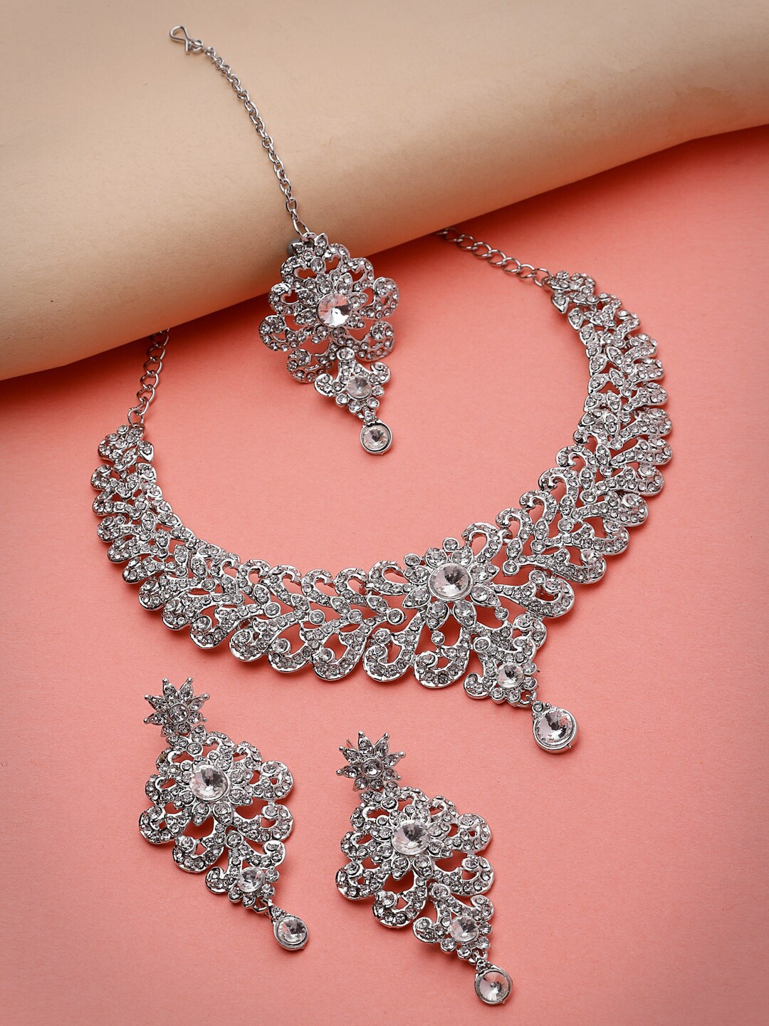 

Sukkhi Rhodium-Plated American Diamond-Studded Necklace With Earrings And Maang Tika, Silver