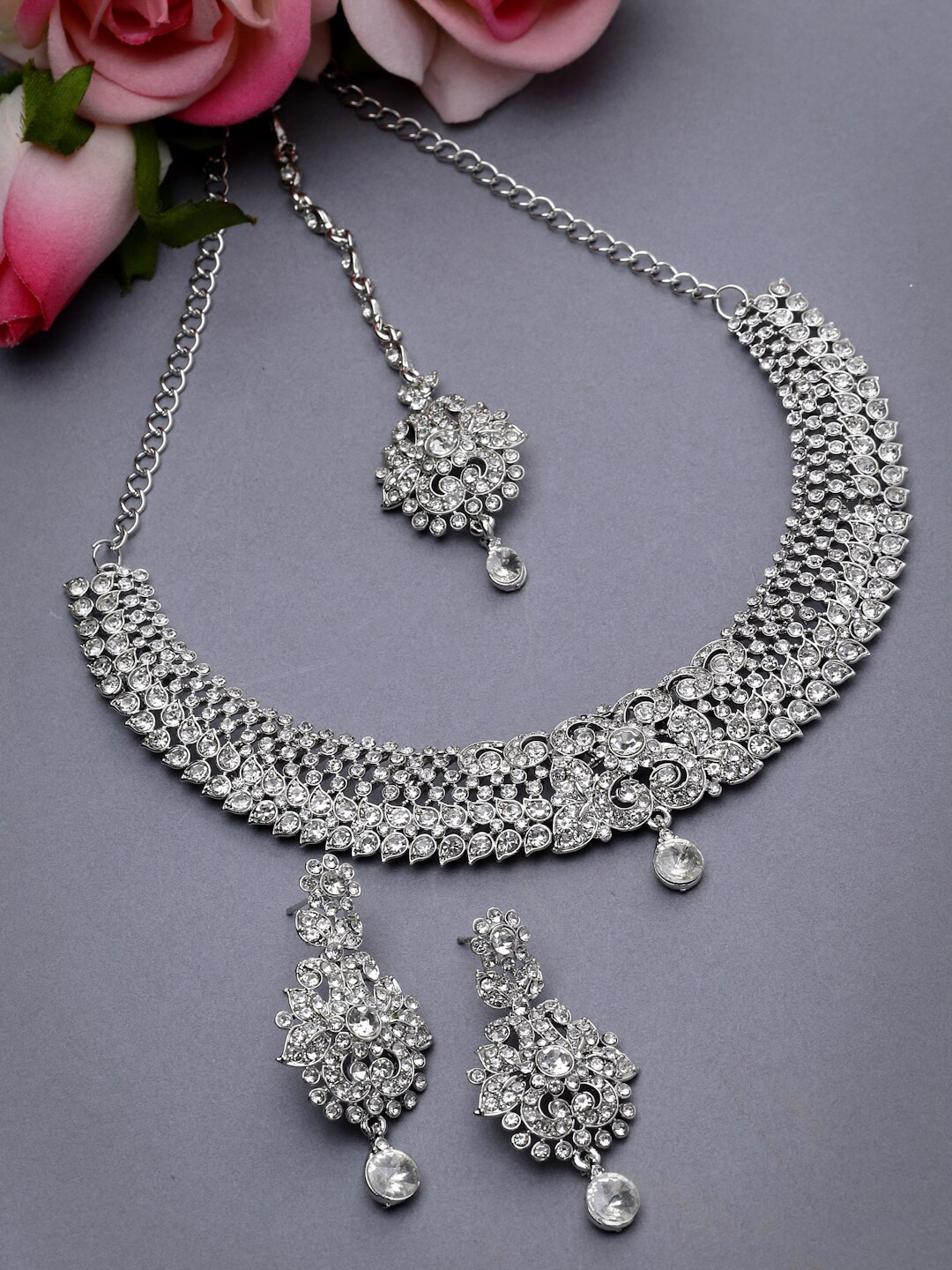 

Sukkhi Rhodium-Plated American Diamond-Studded Necklace With Earrings And Maang Tika, Silver