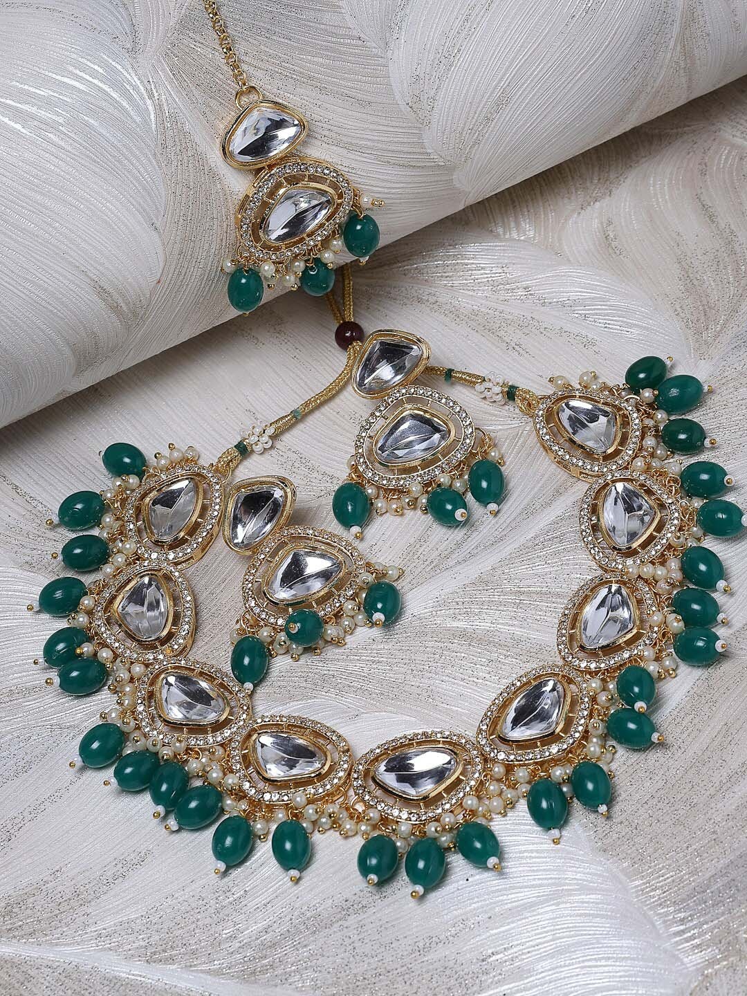 

Sukkhi Gold-Plated American Diamond-Studded Necklace With Earrings And Maang Tika